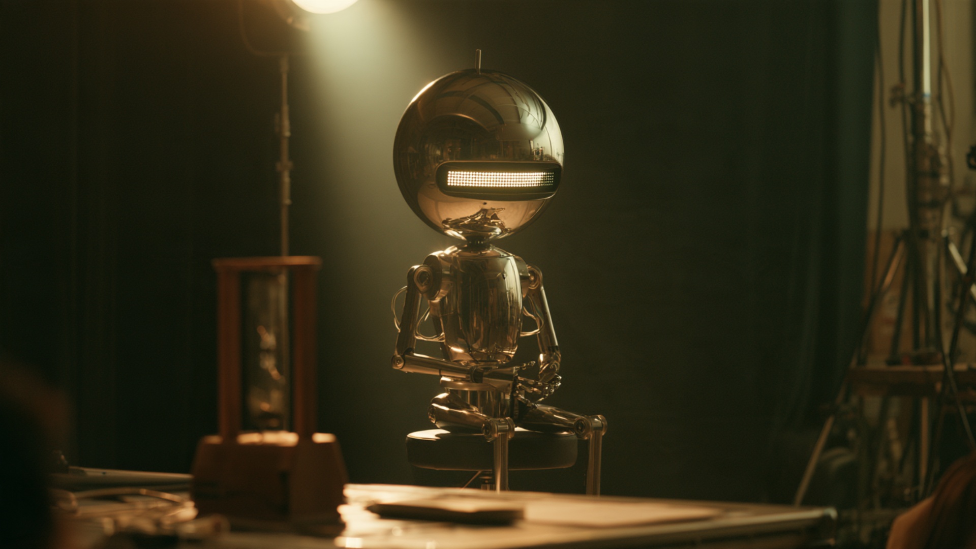 Static camera. The minimalist chrome robot with an egg-shaped head sits stiffly. Its horizontal L...