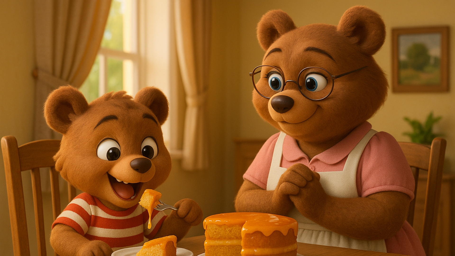 anthro bear kid eating a cake his anthro bear mom made for him