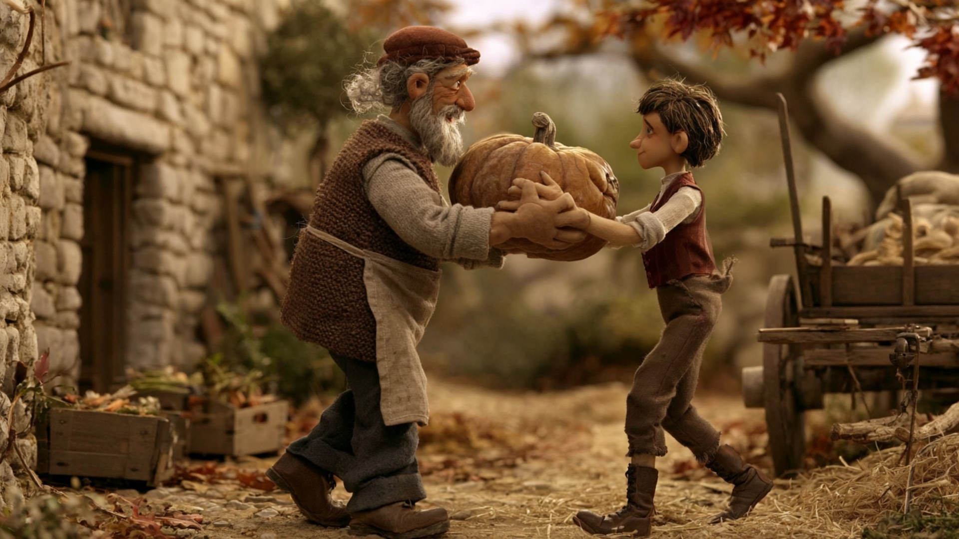 Both characters carry the heavy pumpkin together for the full 5 seconds, taking several clear coo...