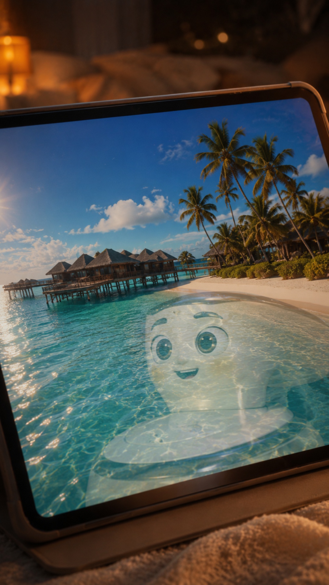 Static cinematic close-up shot of a tablet screen showing tropical Maldives paradise. The camera ...
