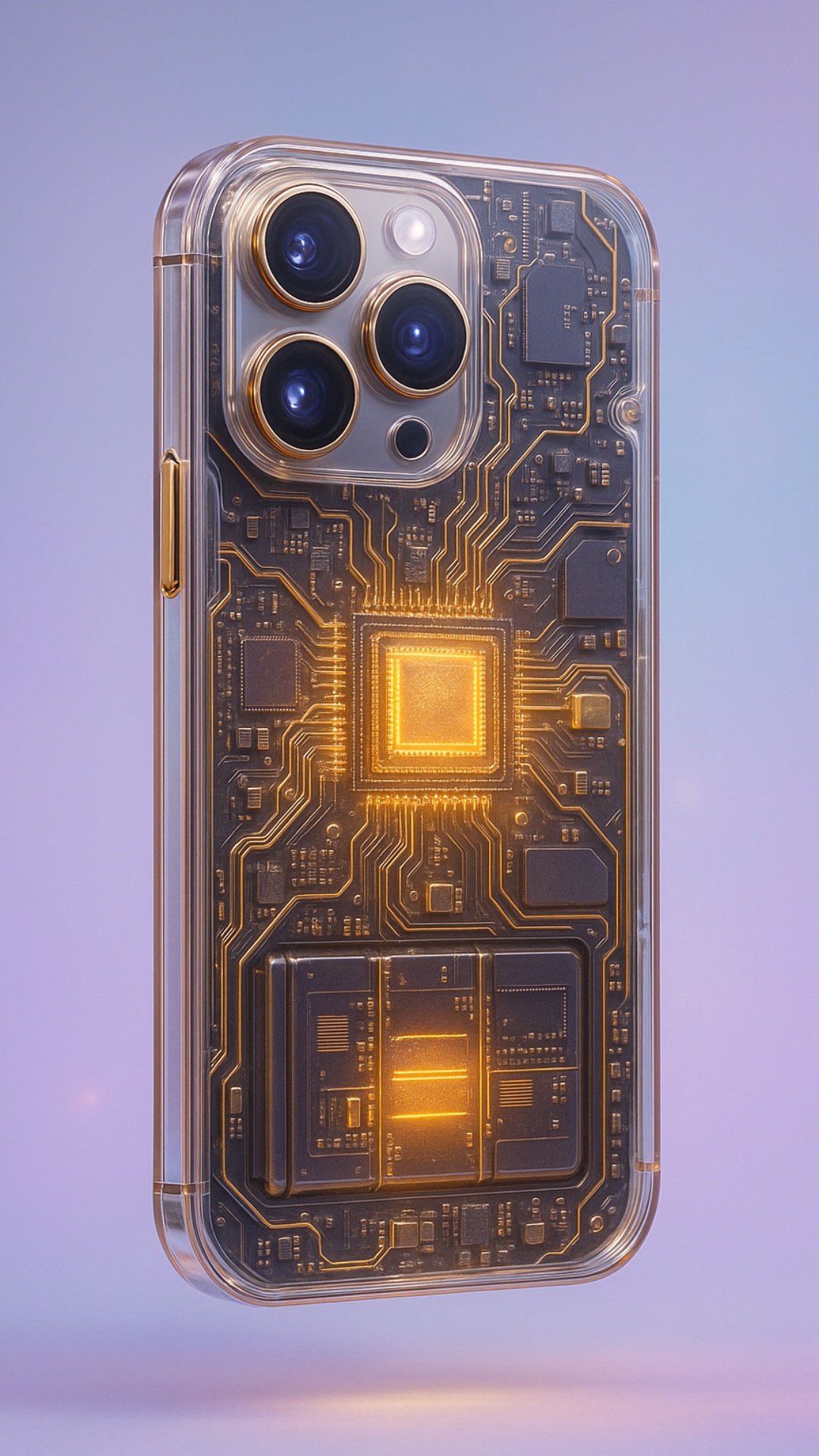 A hyper-realistic cinematic shot of a transparent iPhone floating mid-air, its clear acrylic body...