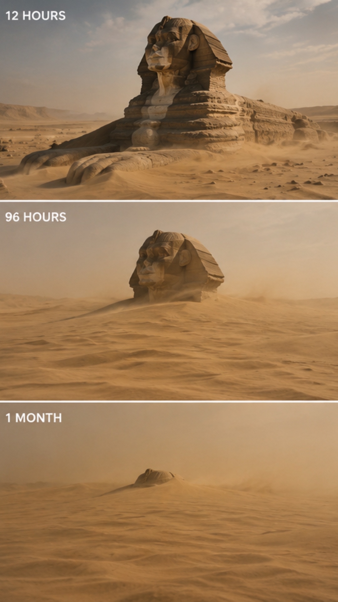 Time-lapse of desert sand blowing over and slowly burying a massive stone sphinx