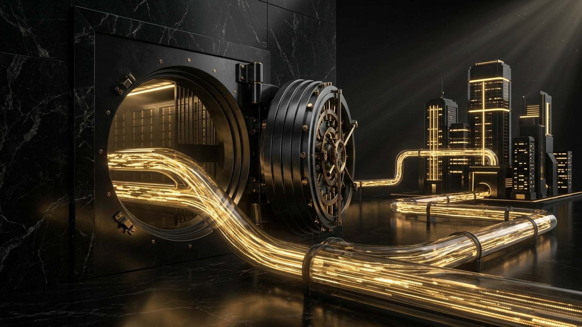 A luxurious black bank vault slowly opens. Brilliant golden streams of digital data flow through ...