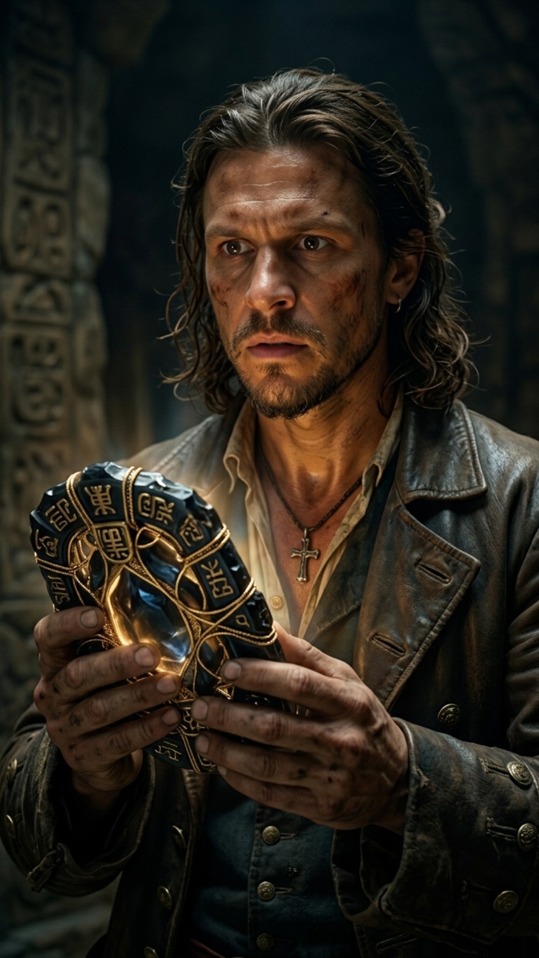 Cinematic 5-second animation. A rugged mid-30s pirate captain holds an ancient, intricately carve...