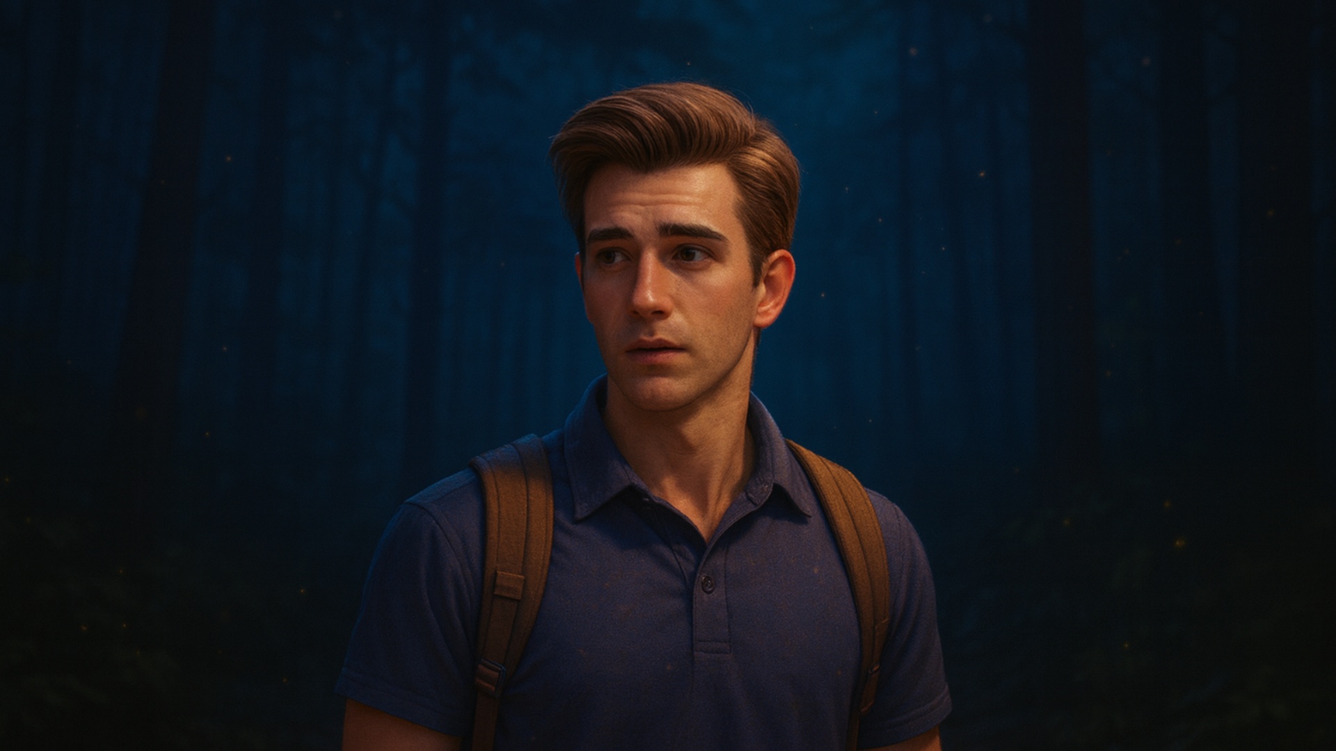 le personnage marche dans la foret la nuit