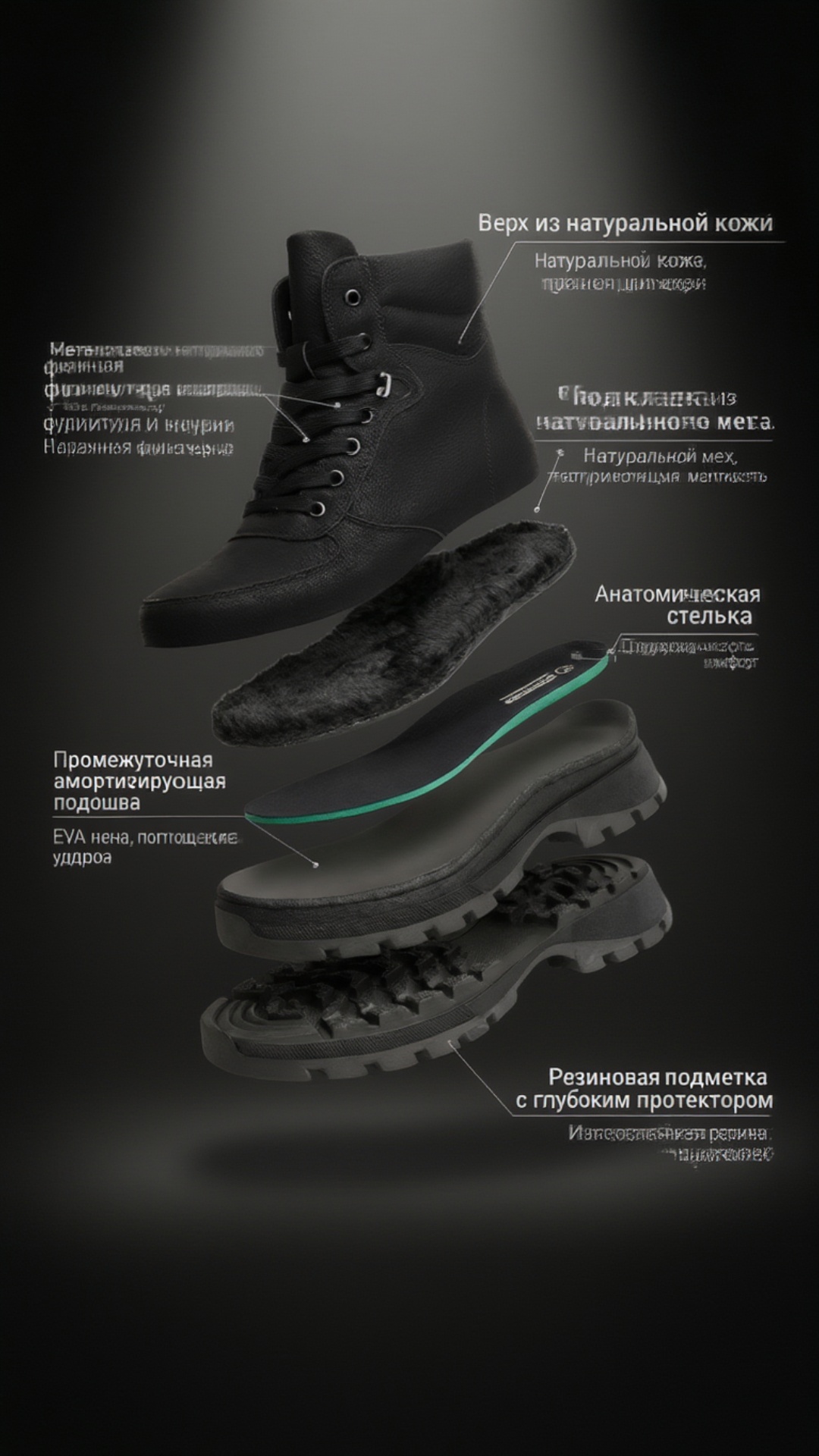 A vertical 9-second cinematic video showing premium winter leather boots in a dark studio, remini...