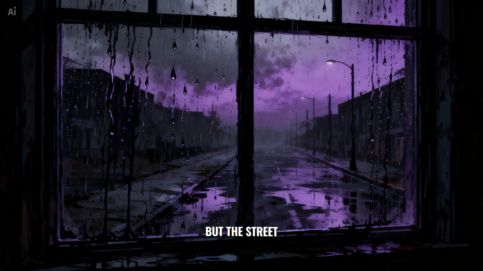 Cinematic dark horror shot looking through a rainy window at a deserted purple street. SET MOTION...