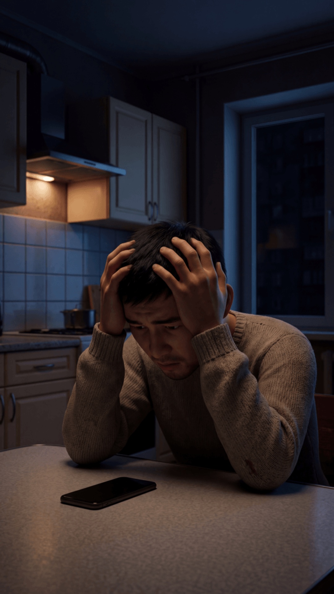 Pixar 3D animation style, cinematic 4K.
Moscow apartment kitchen, late night.
Dark kitchen, only ...