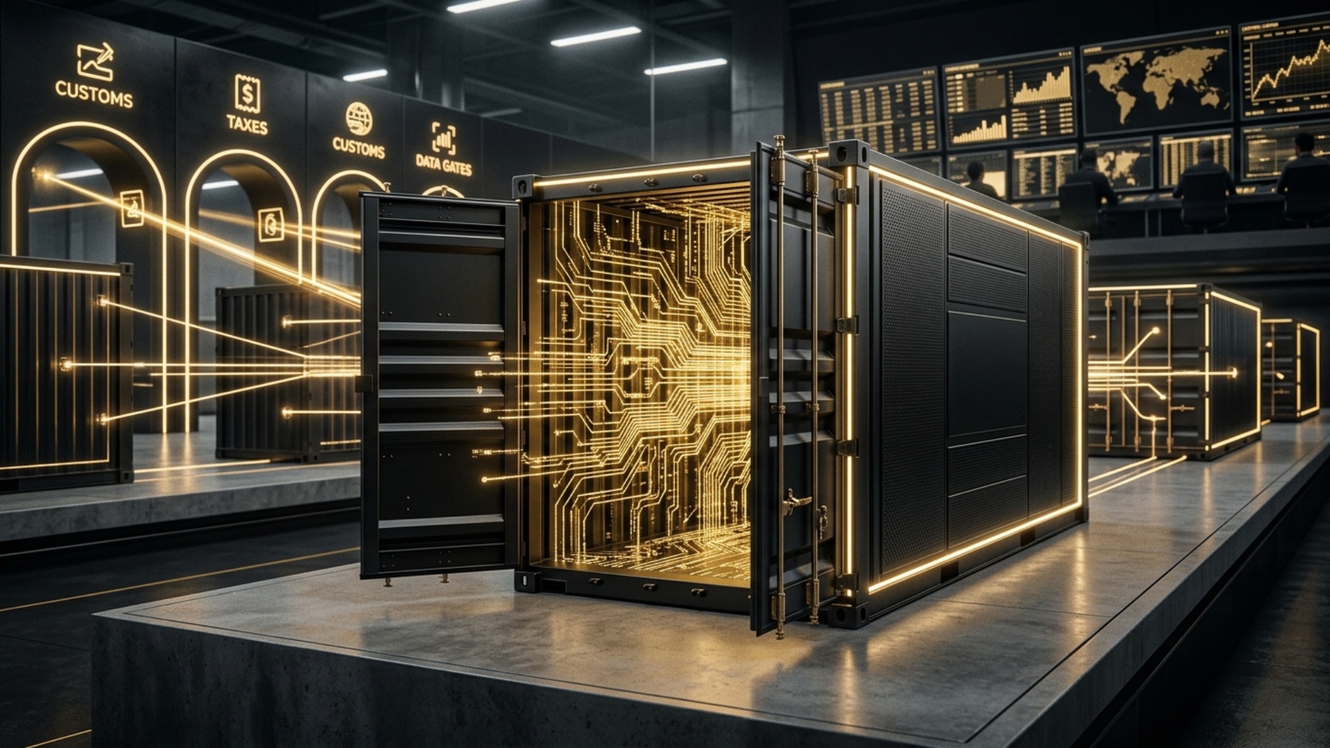 A black titanium cargo container opens automatically. Brilliant golden data streams emerge and tr...