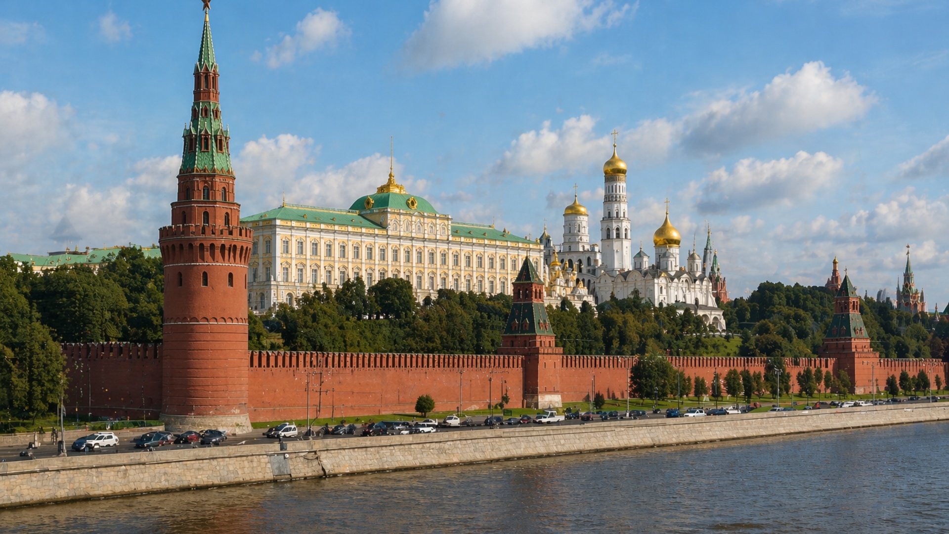 Modern Moscow Kremlin assembling from collapsed fragments rising from the ground, scattered debri...
