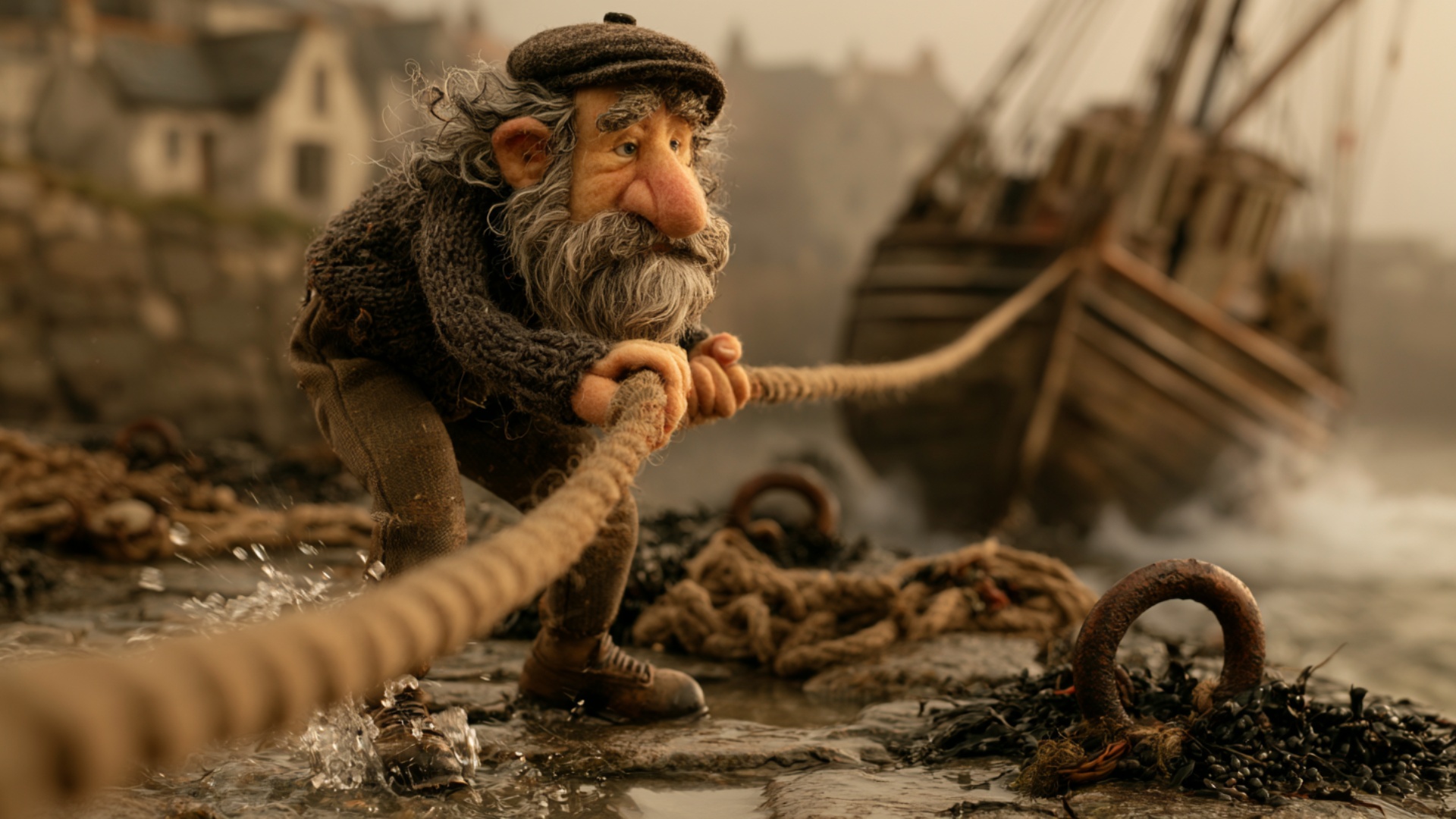 A wave lifts the moored boat and pulls the rope tight. The fisherman reacts by leaning his body b...