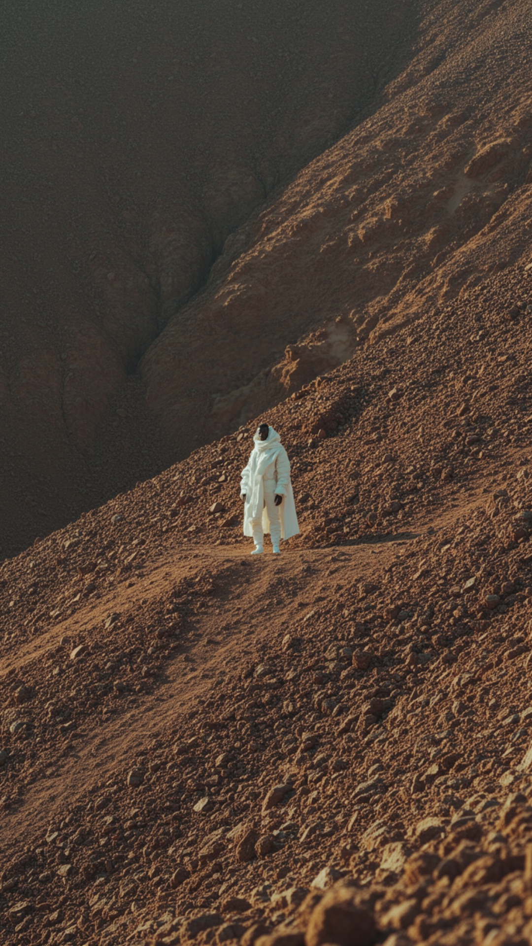 The camera performs a smooth, slow cinematic zoom-in towards the man's face. A steady desert bree...