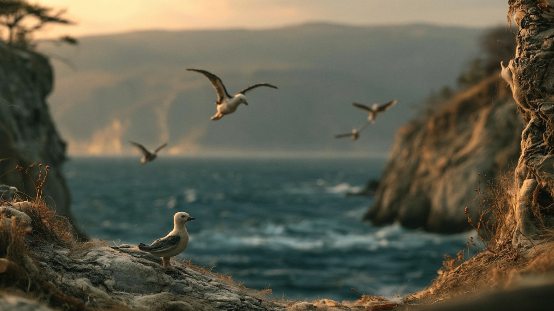 Gentle camera drift toward the open water. The large flying gull in the center makes one complete...
