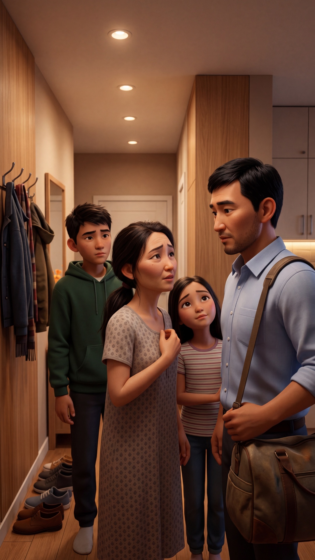 Animated stylized hallway scene, 70% cartoon style, 30% realism, warm indoor lighting, same apart...