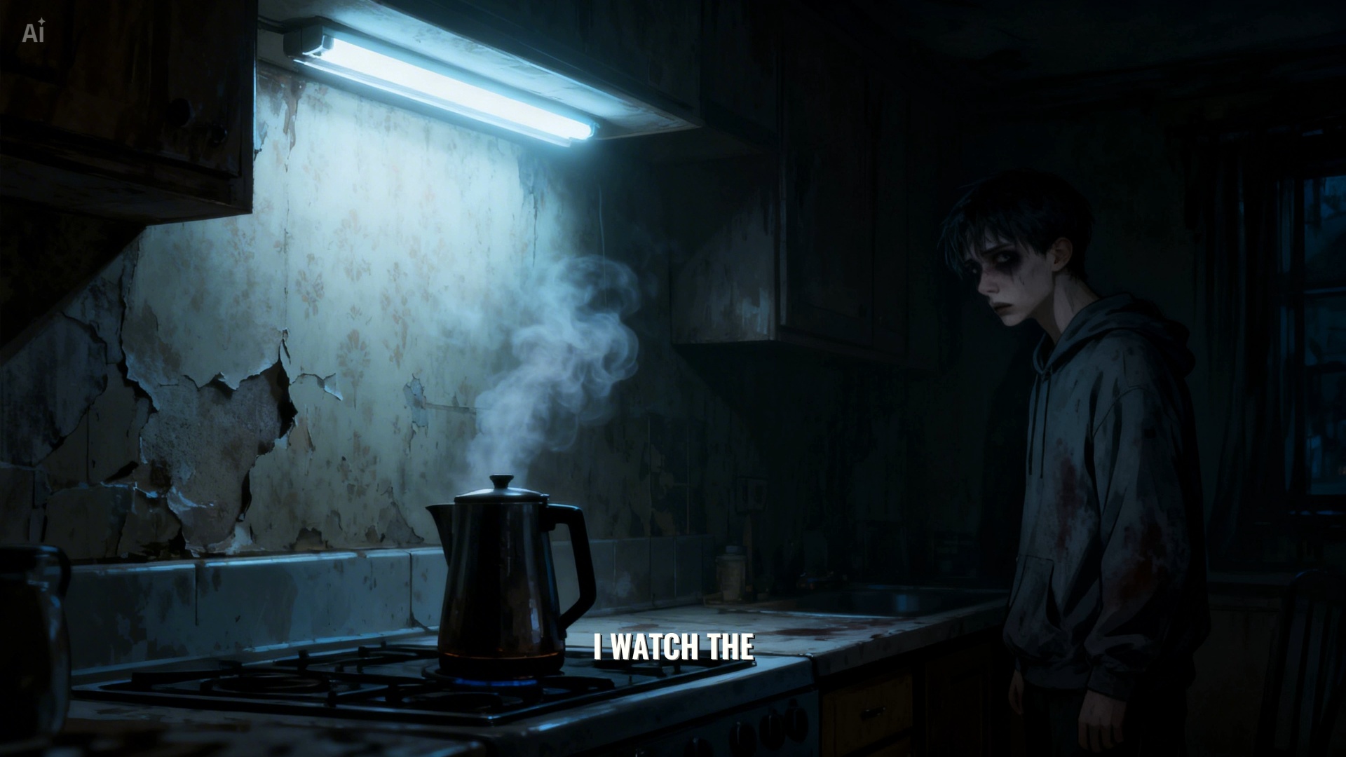 Static cinematic horror shot in a dark kitchen. SET MOTION SCORE TO 1: The boy is frozen like a s...