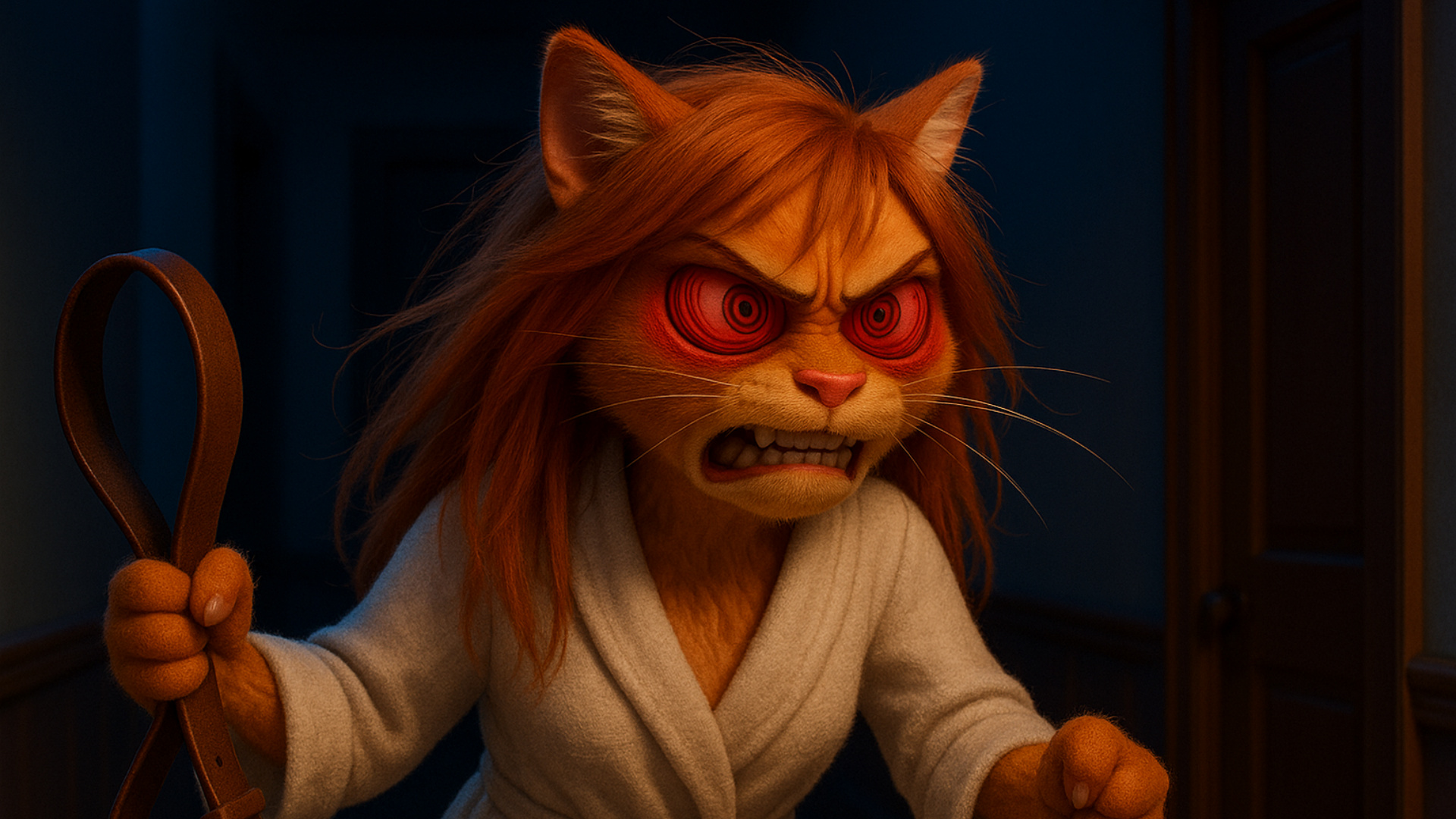 furious anthro ginger cat walking in the hallway with a belt