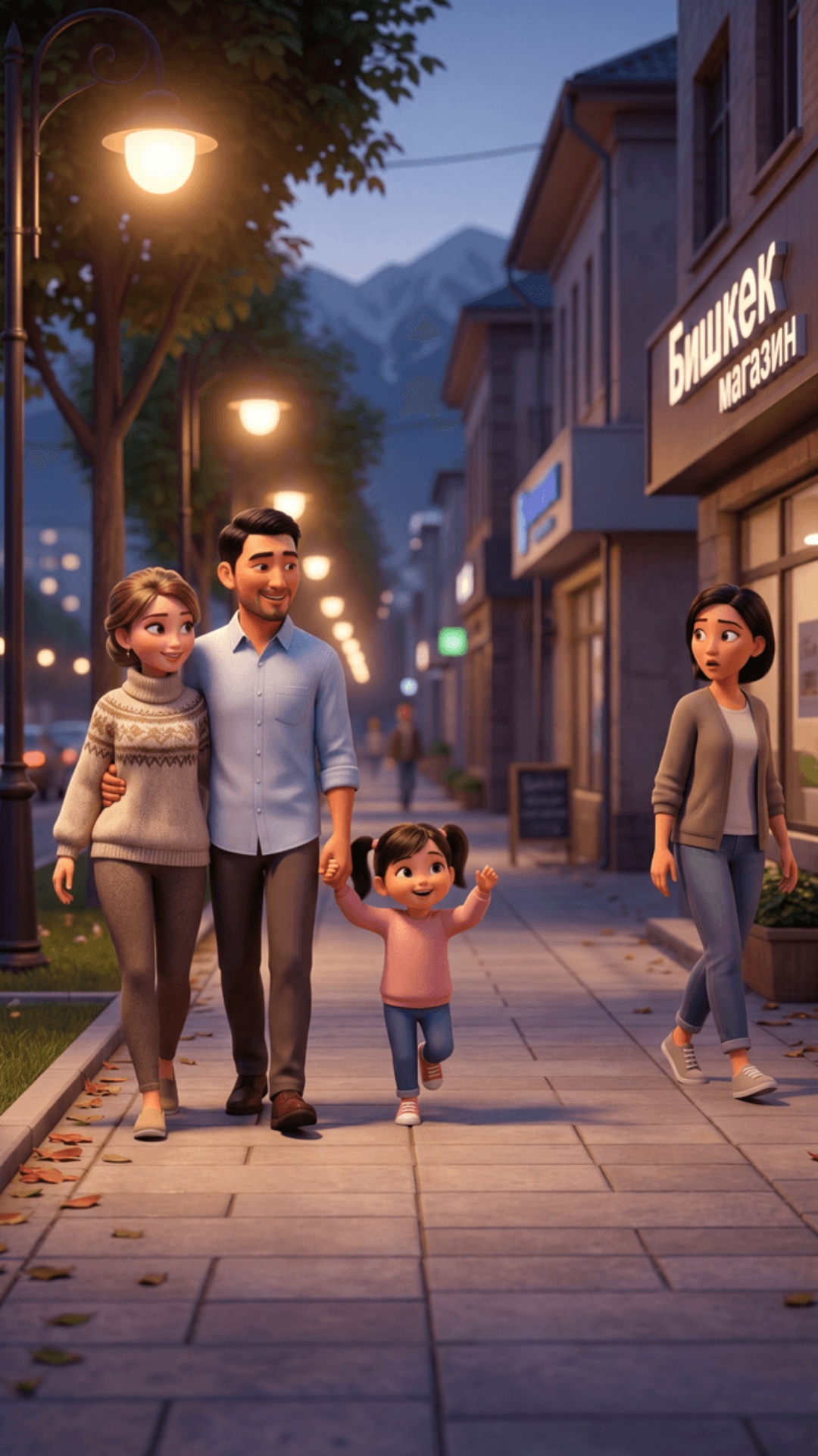 Animated stylized cinematic scene, 70% cartoon style, 30% realism, evening in Bishkek, Kyrgyzstan...