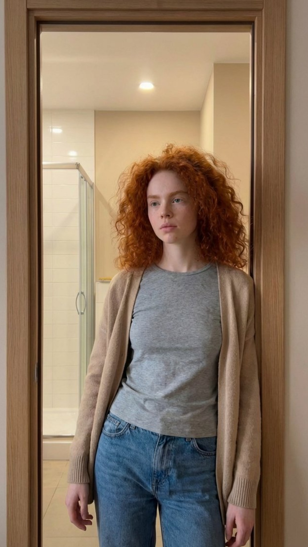 A young woman stands quietly in a doorway, framed by the door.
She remains mostly still.
Very sub...