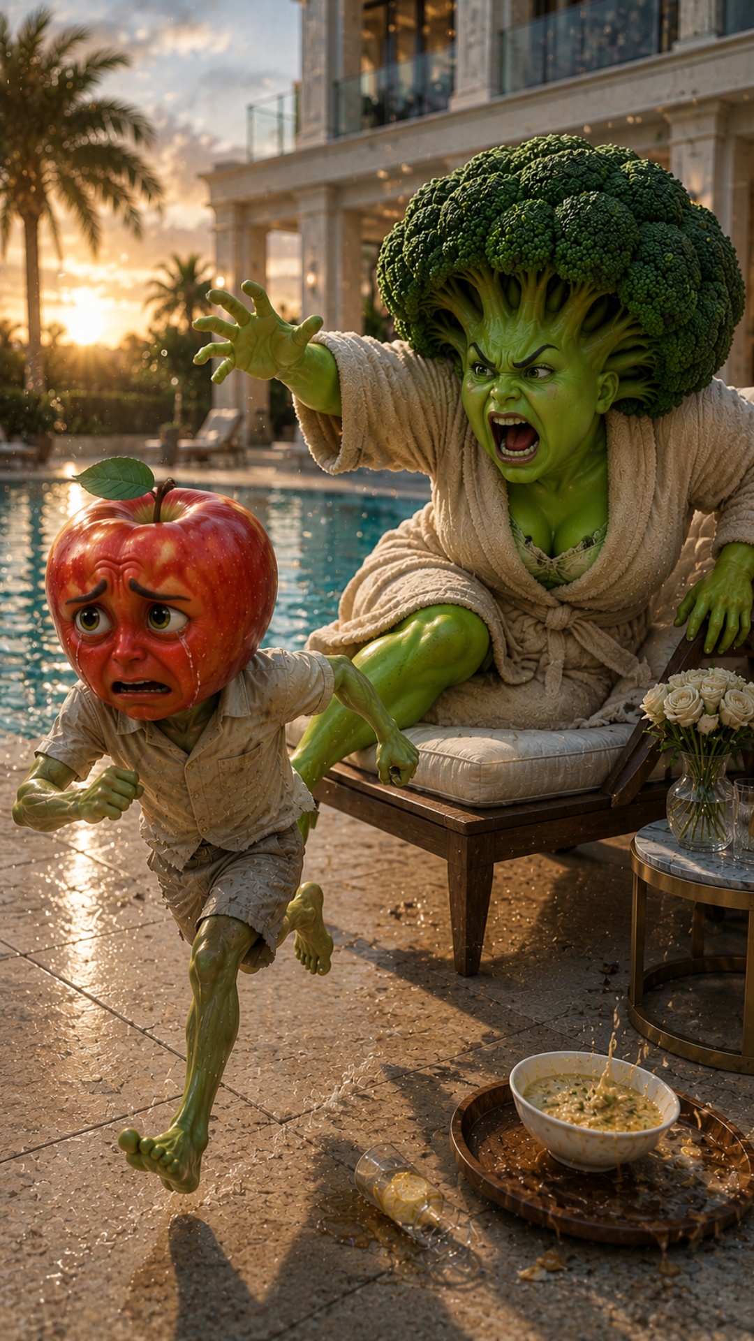 Broccoli गुस्से में Apple को भगा देता है.
SFX: angry shout + running footsteps