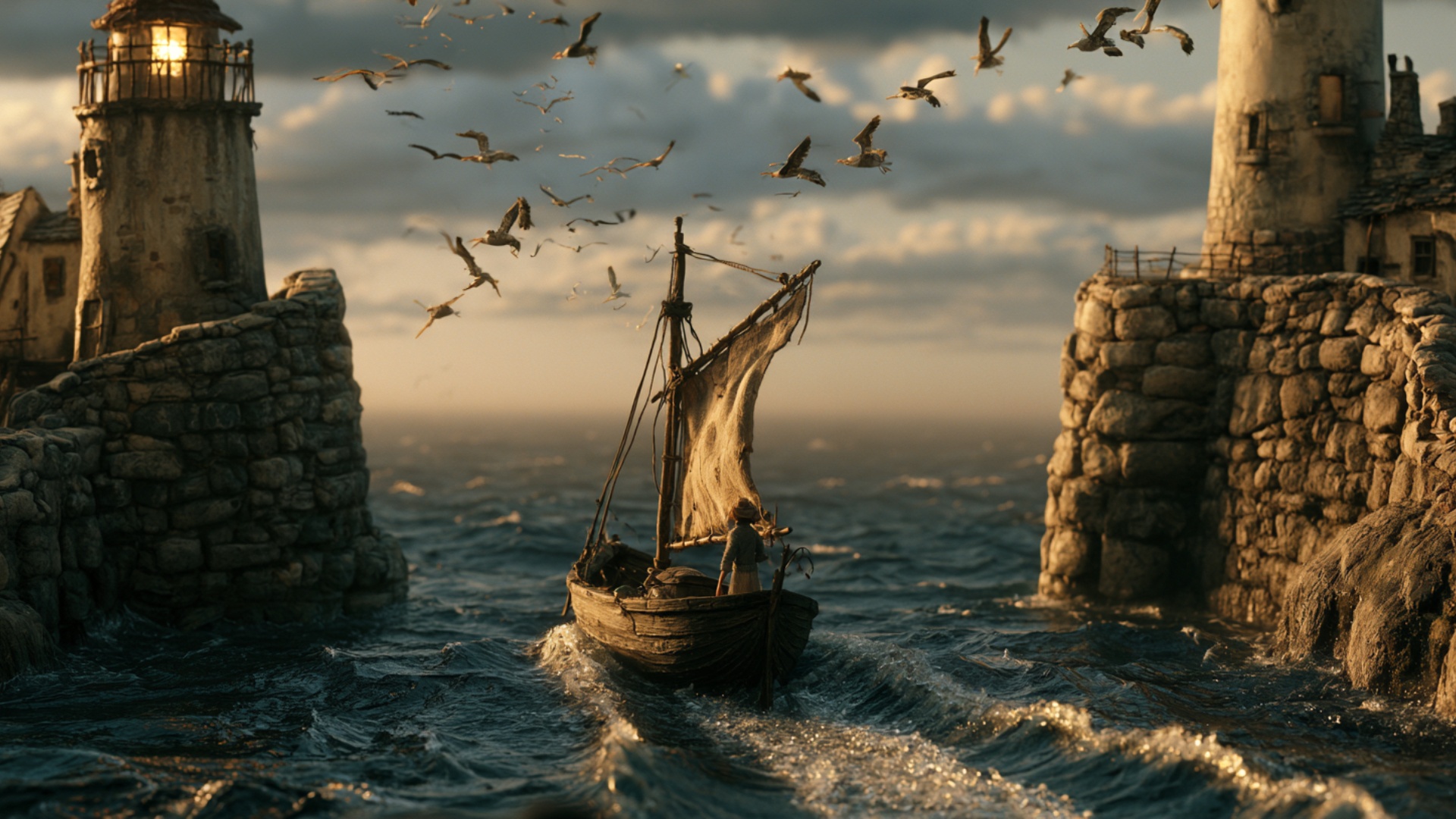The fishing boat sails forward through the harbor entrance, rising and settling naturally on the ...