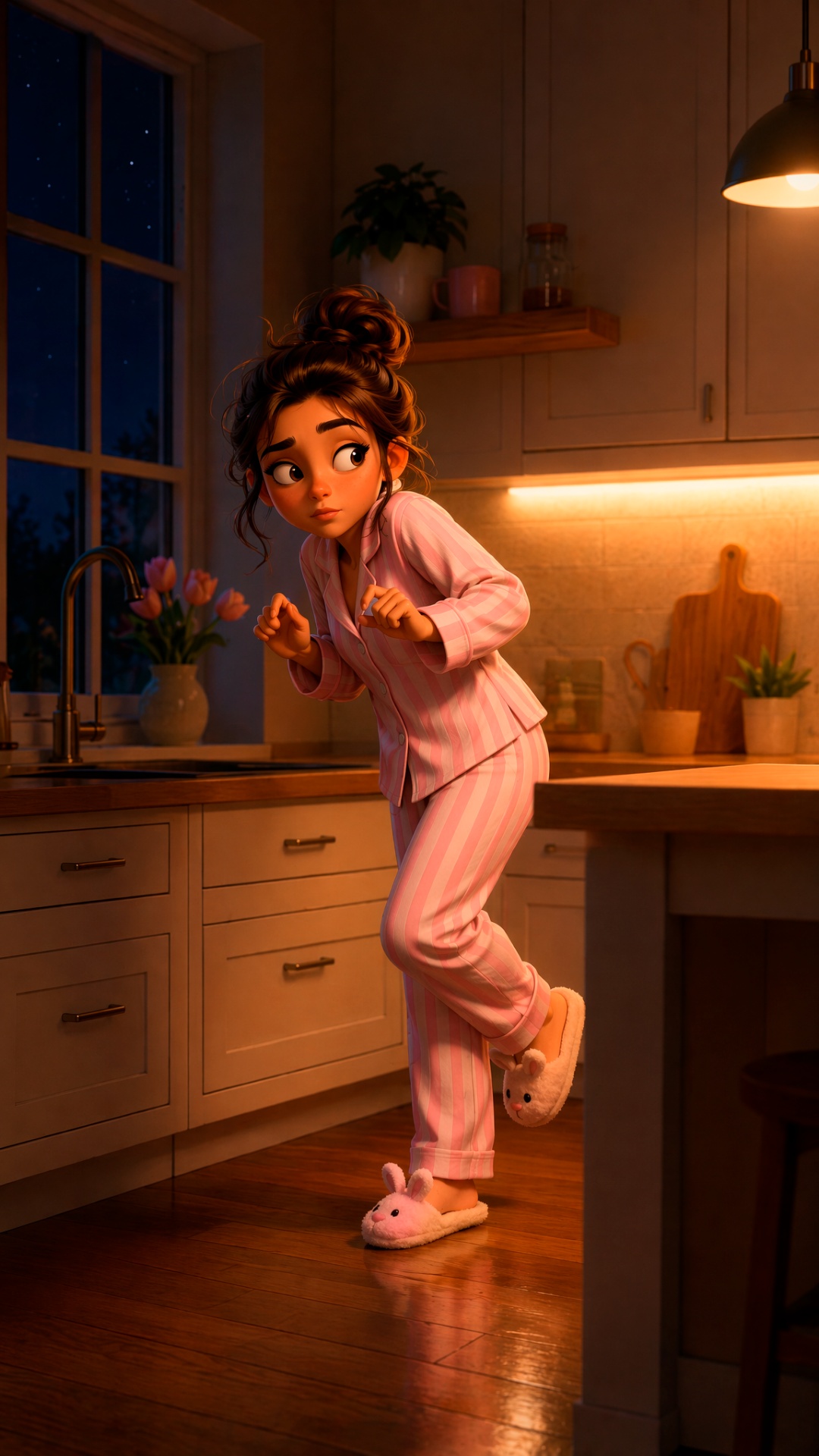 The girl carefully tiptoes across the kitchen.

She takes several quiet steps.

She constantl...