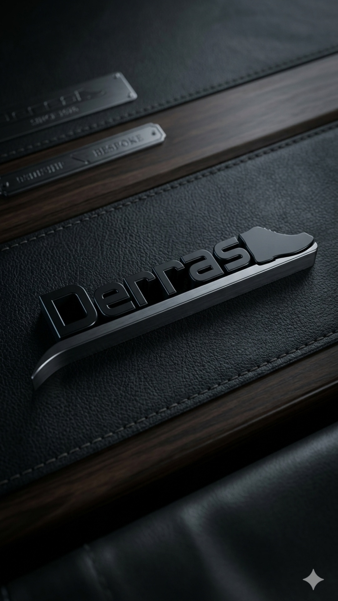 Cinematic close-up of a 3D metallic logo 'Derras' with a boot silhouette, premium matte black and...