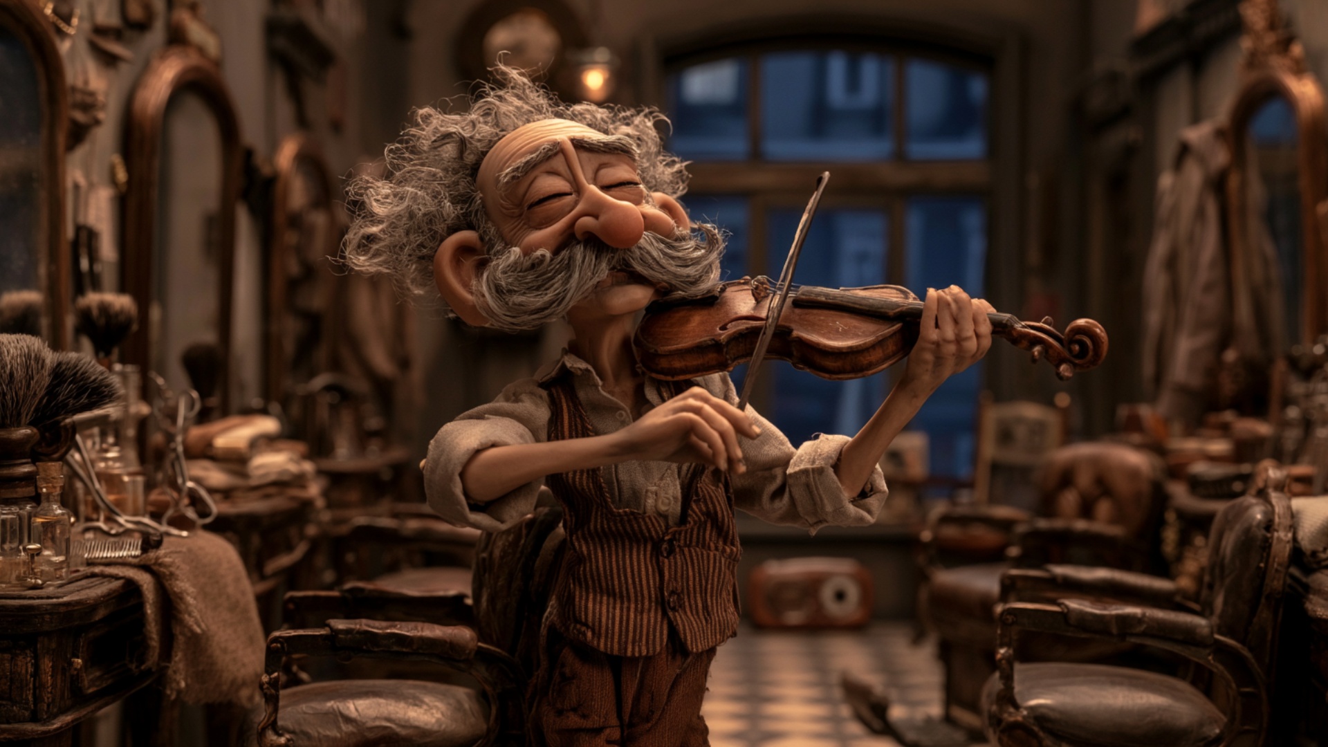 Start from the exact violin-playing pose in the image. The barber slowly draws the bow across the...