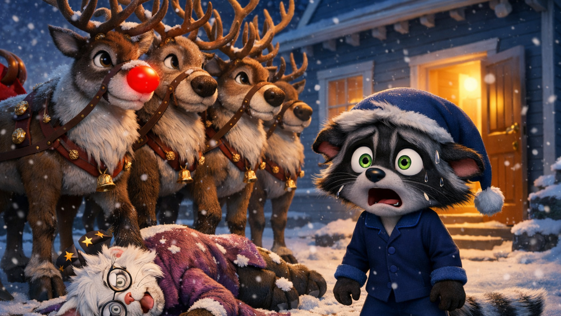 3d fluid expressive animation of anthro male raccoon kid looking shocked and concerned as he turn...