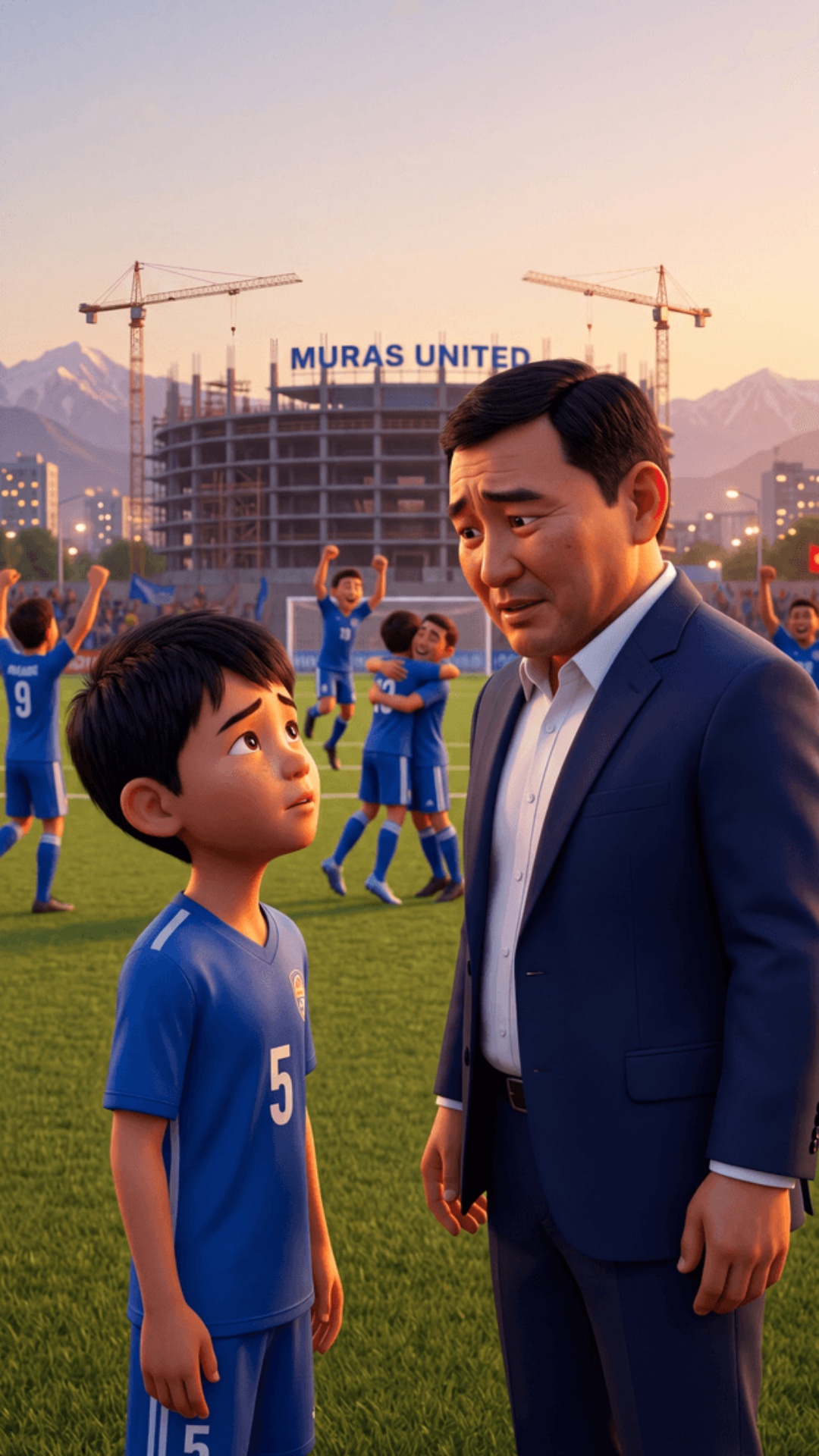 Pixar 3D animation style, cinematic quality.
Full frame, no blur, no crop.
Outdoor football pitch...