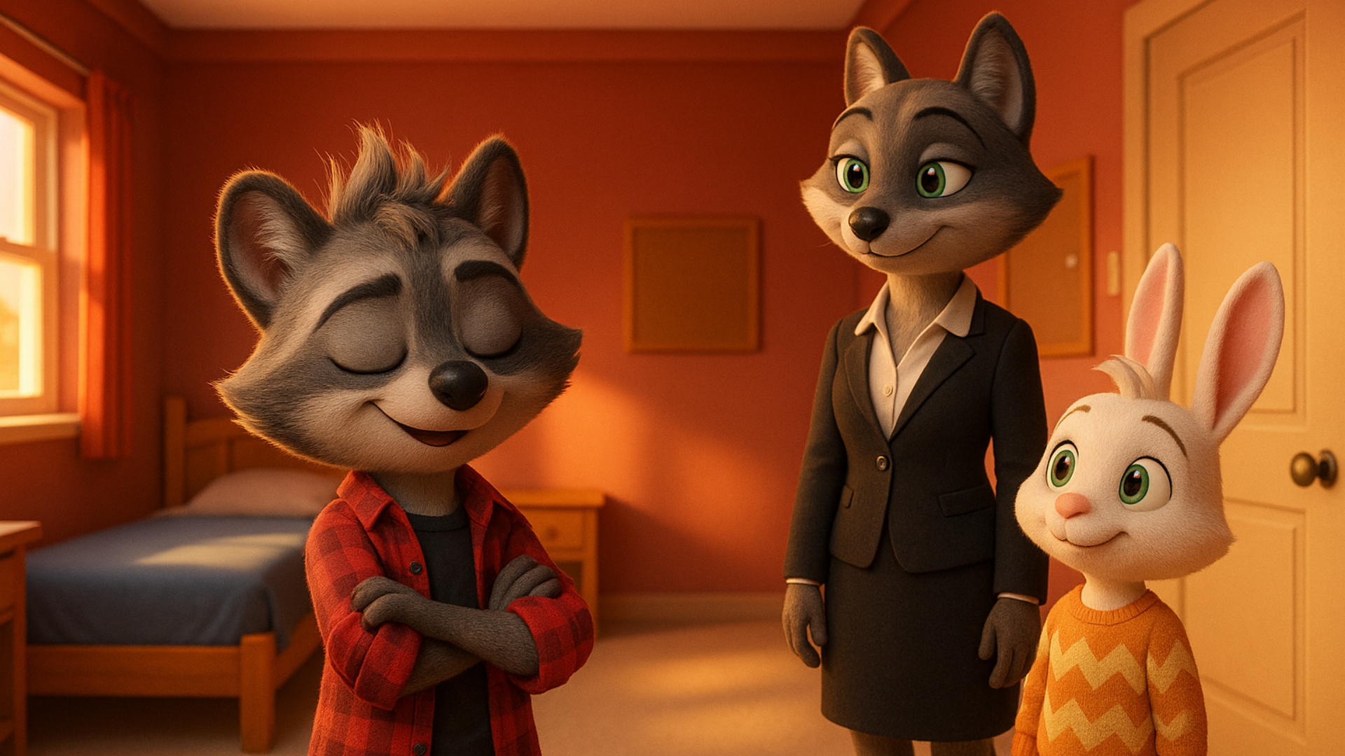 anthro raccoon kid talking confident about his clean room, as the anthro mother raccoon  and anth...