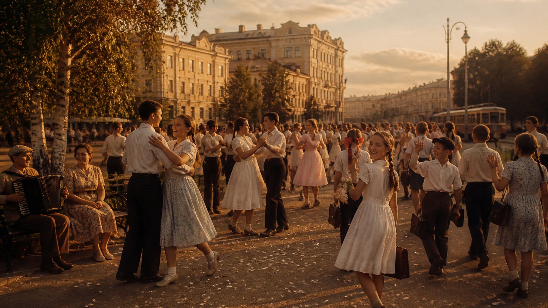 Cinematic realistic video animation of the provided static image. Moscow city center, June 1941, ...