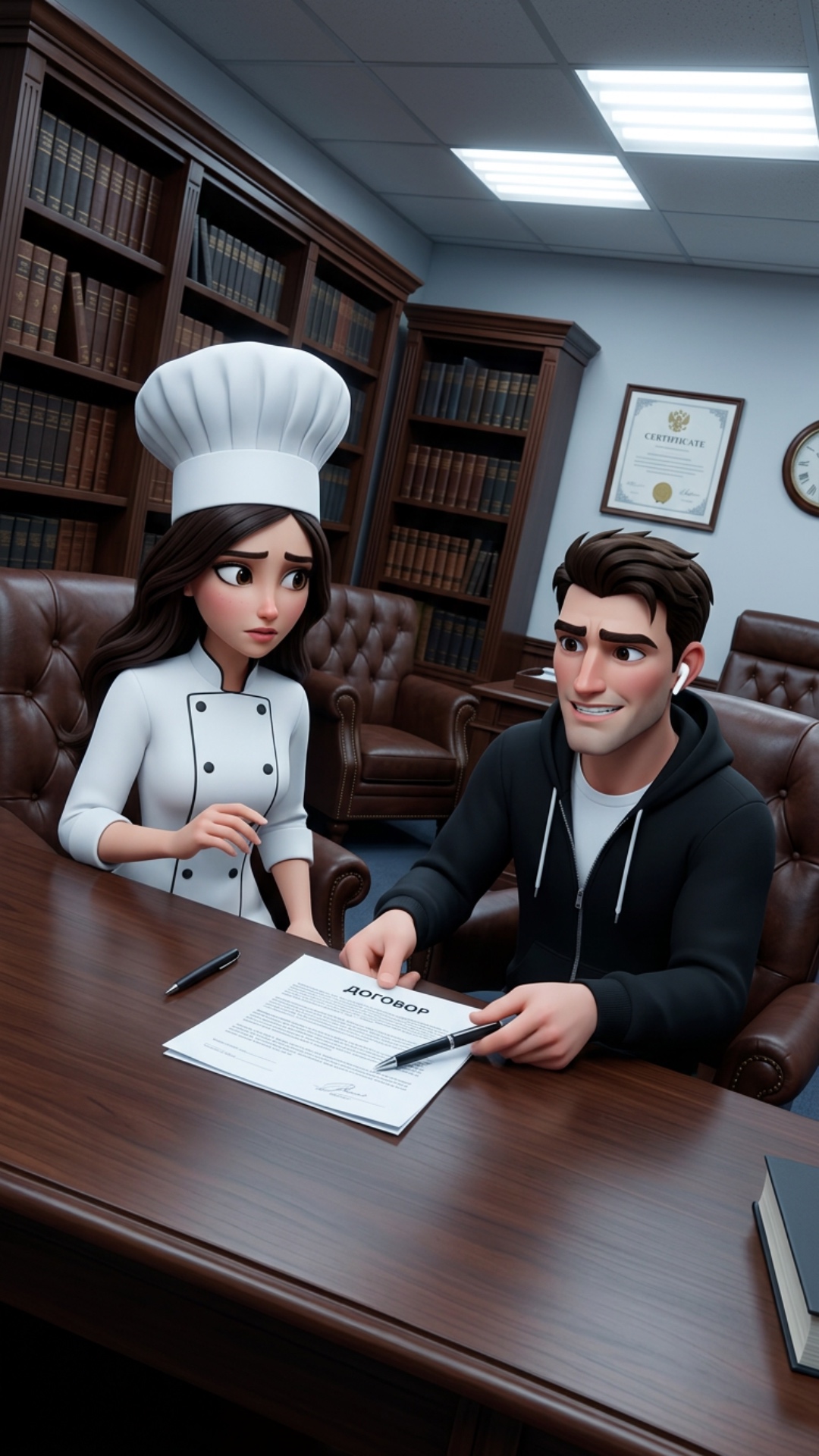 Strong rule: style --- 3D Pixar ---. Строгий офис нотариуса с кожаными креслами и книжными шкафам...