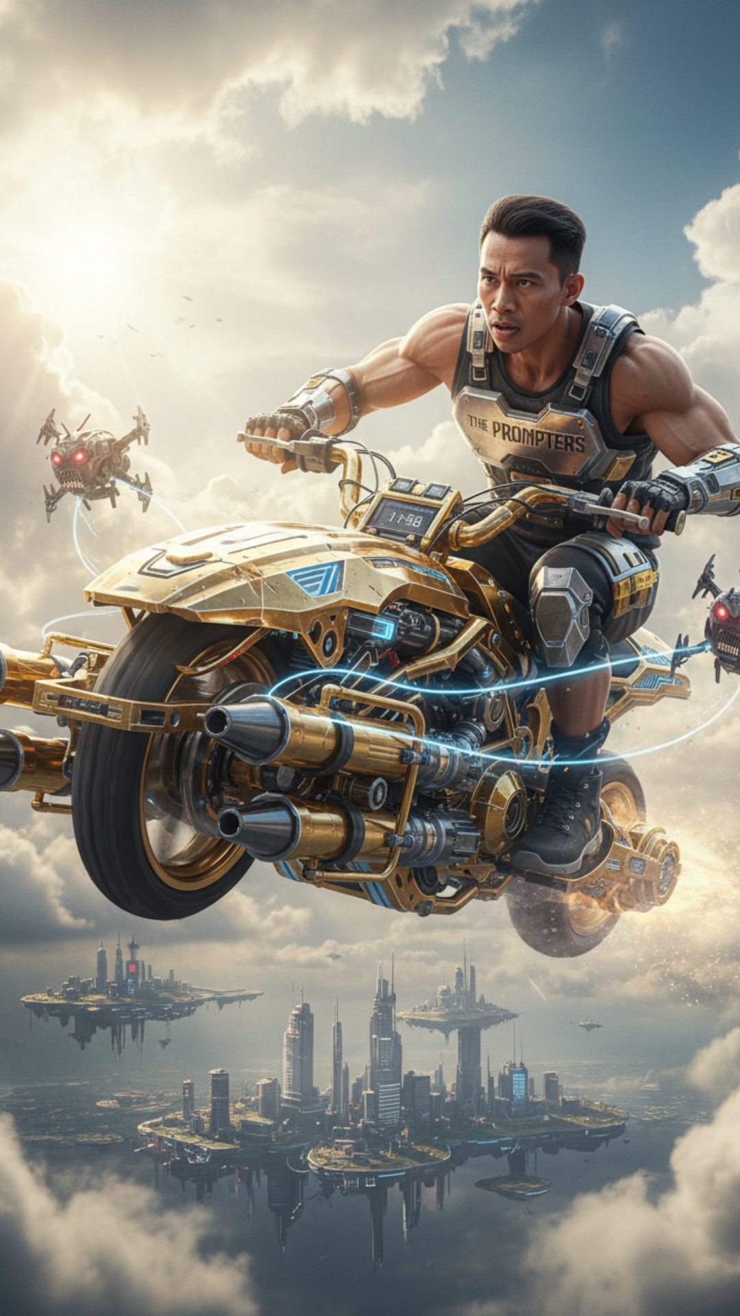 Cinematic ultra-realistic video of a futuristic hoverbike race above the clouds. A Southeast Asia...