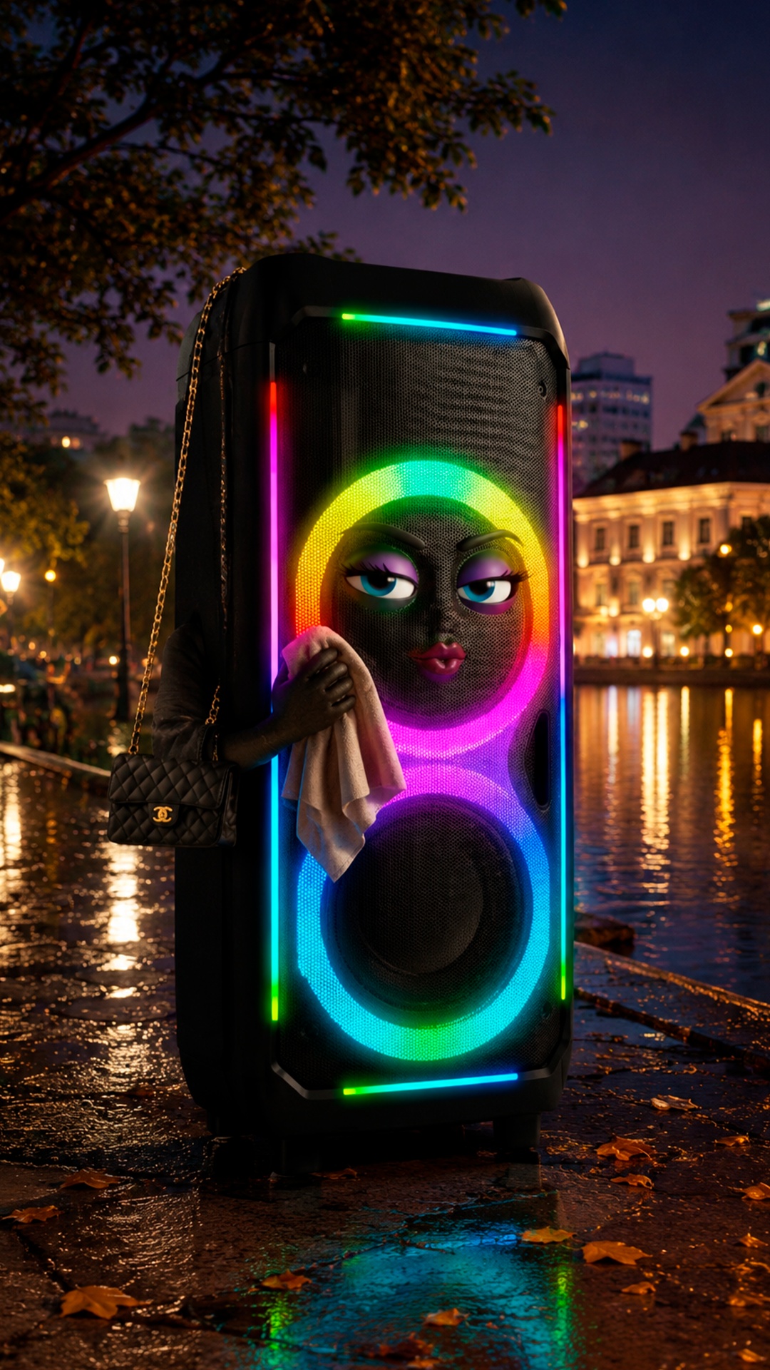 Animate the black speaker with the handbag alone near the lake. She slowly calms down, breathes o...