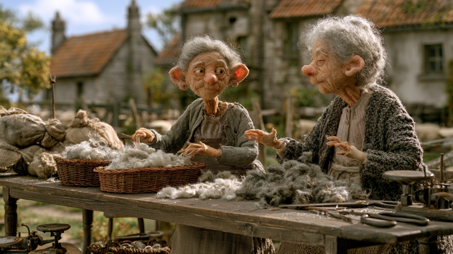 The woman on the left lifts a clean handful of wool from the pile and places it into the wicker b...