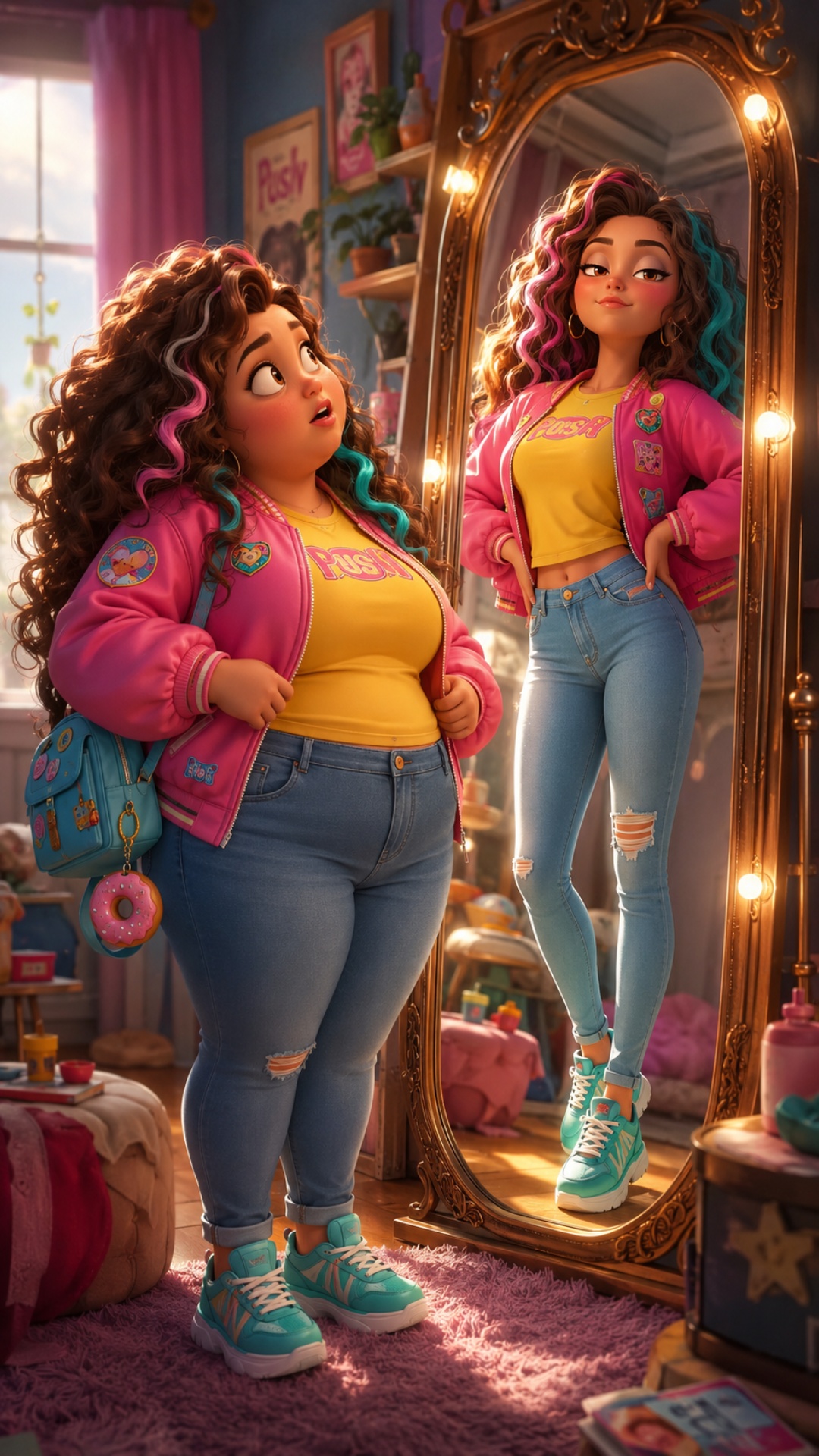 Pixar-inspired 3D cartoon, Disney-quality CGI, стиль PicsArt. Вертикальное видео 9:16. Плюша стои...