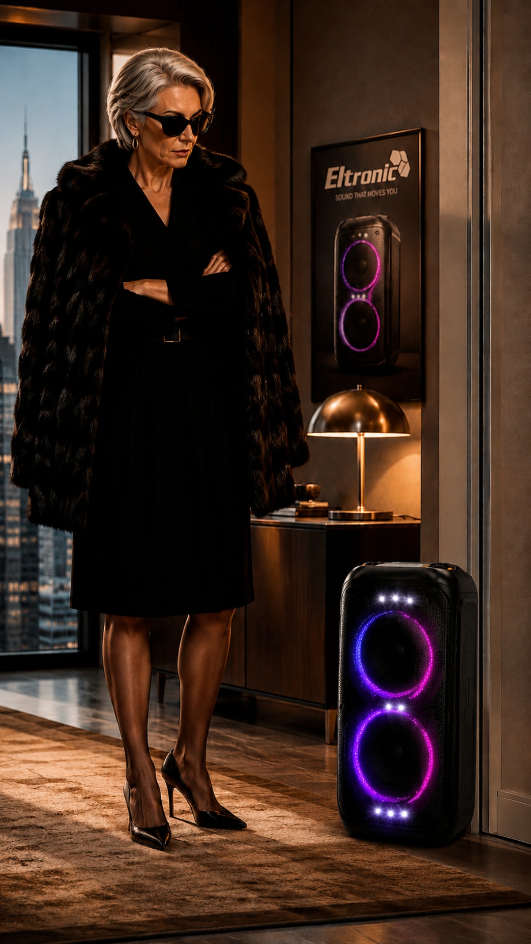 Strict older fashion boss woman stands near office window beside glowing premium speaker. RGB lig...