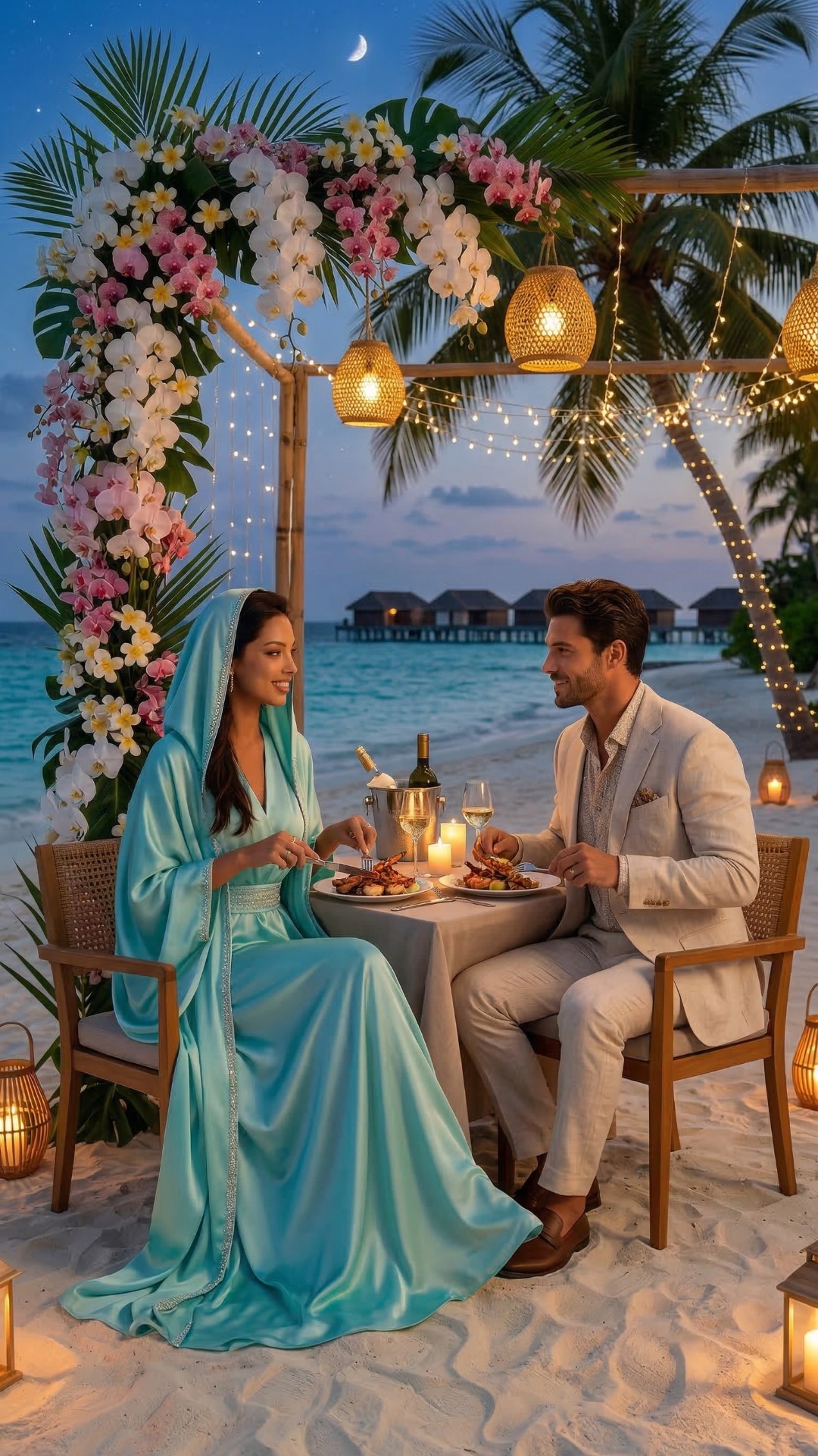 couple has a dinner and then goes for a walk along the seashore