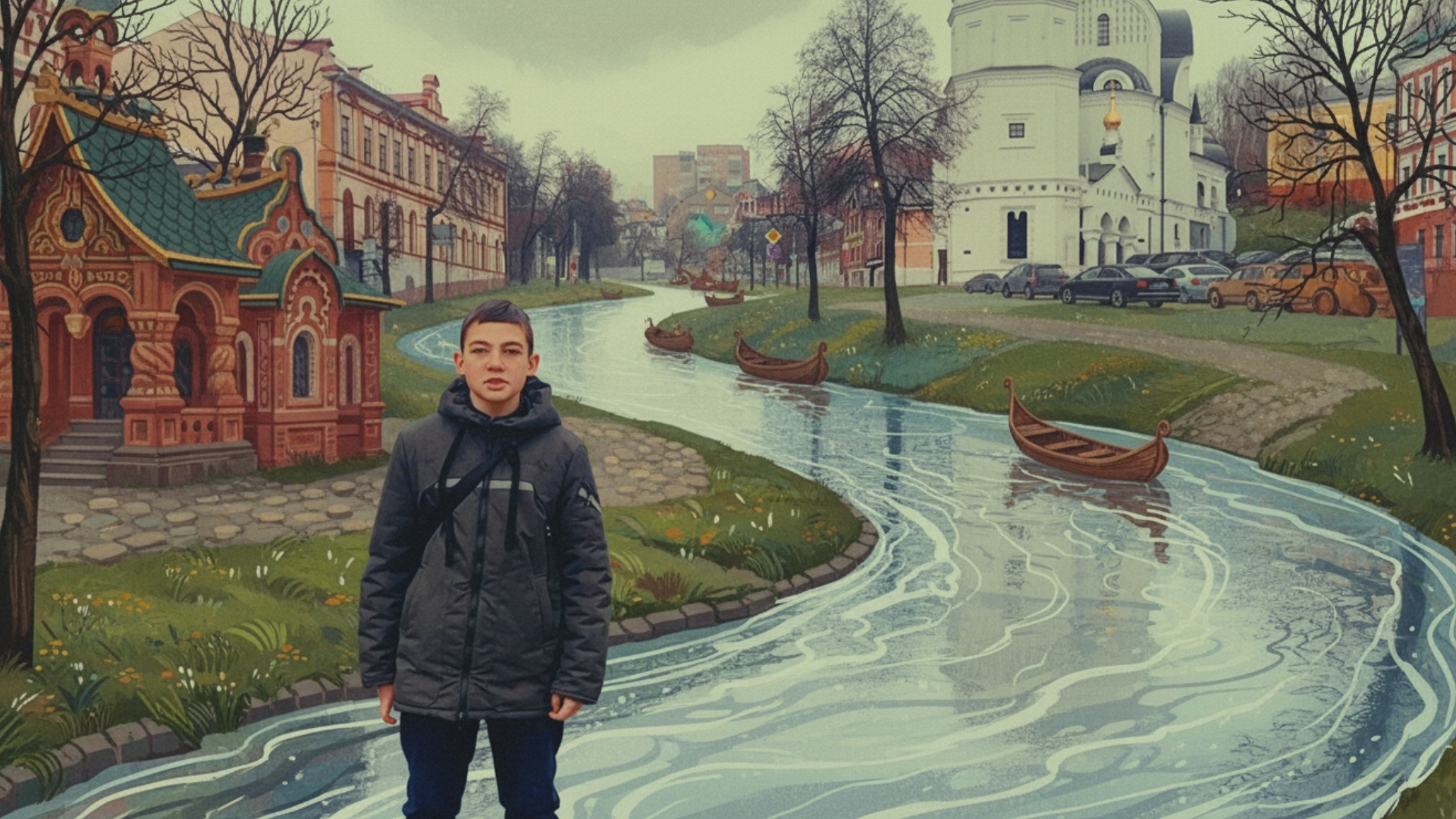Мальчик стоит на месте и спокойно что-то рассказывает, окружающая среда движется естественно