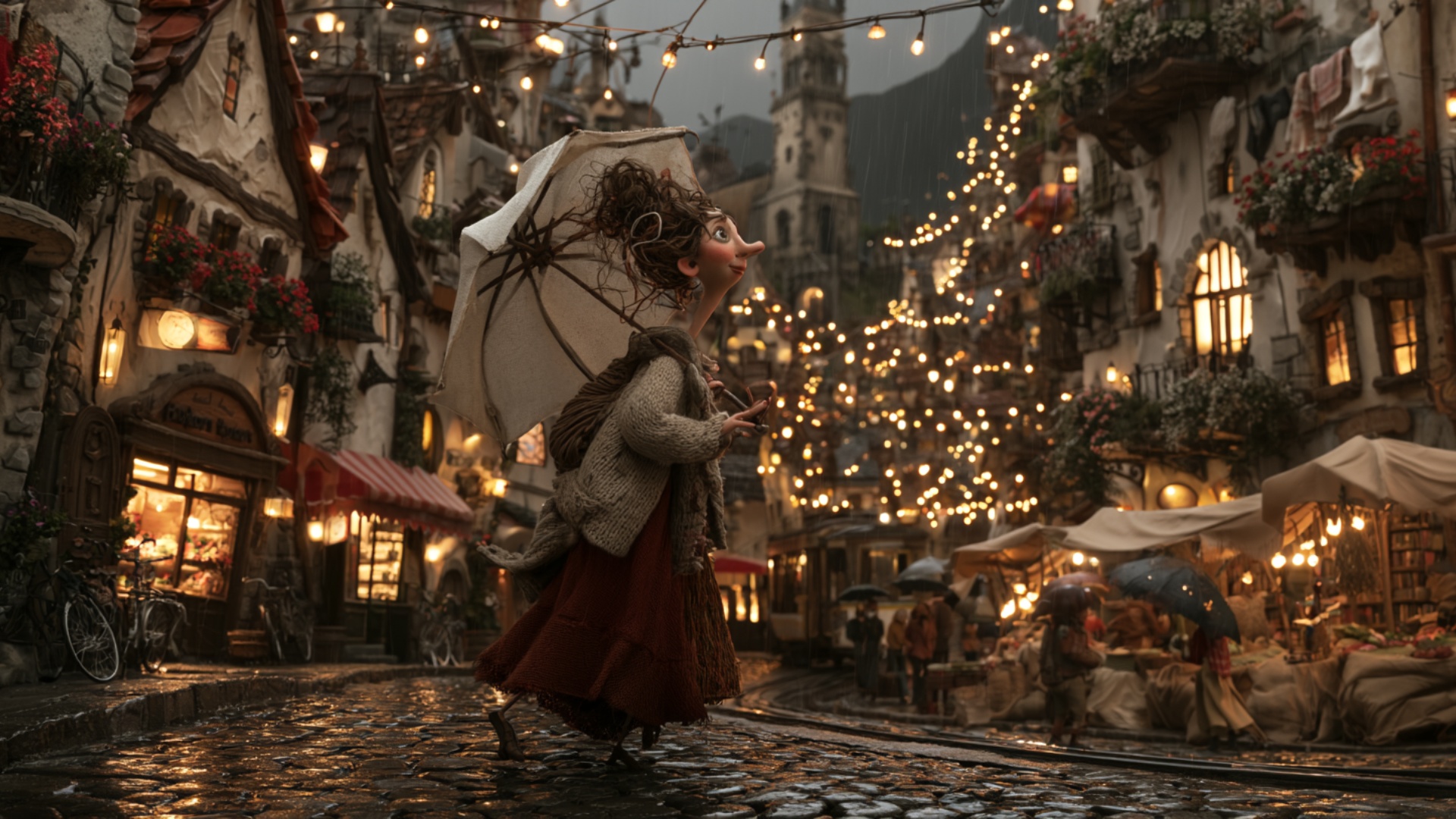 The woman continues walking forward through the existing wet cobblestone street, taking several g...