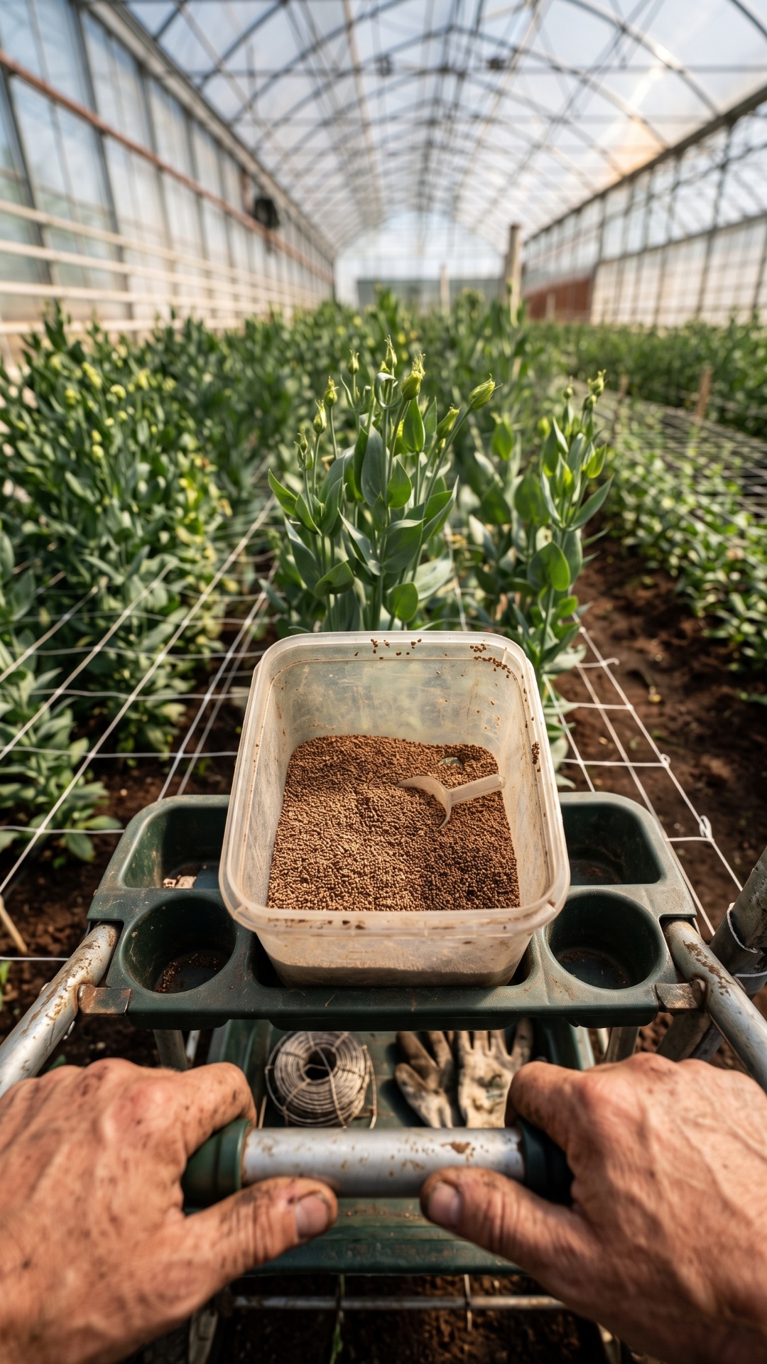 First person POV. Two human hands are holding the handle of a small garden cart filled with many ...