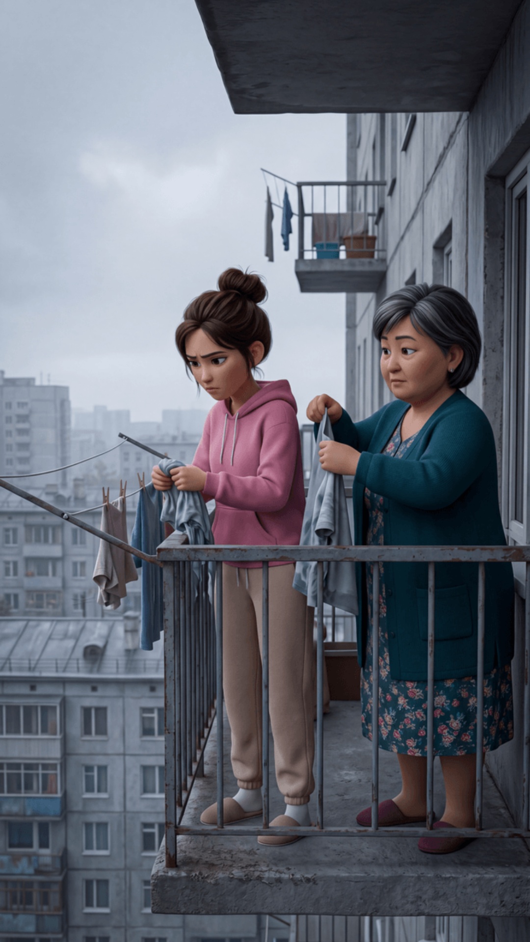 Pixar 3D animation style, cinematic 4K.
Moscow apartment balcony, grey cloudy sky.
High floor — M...