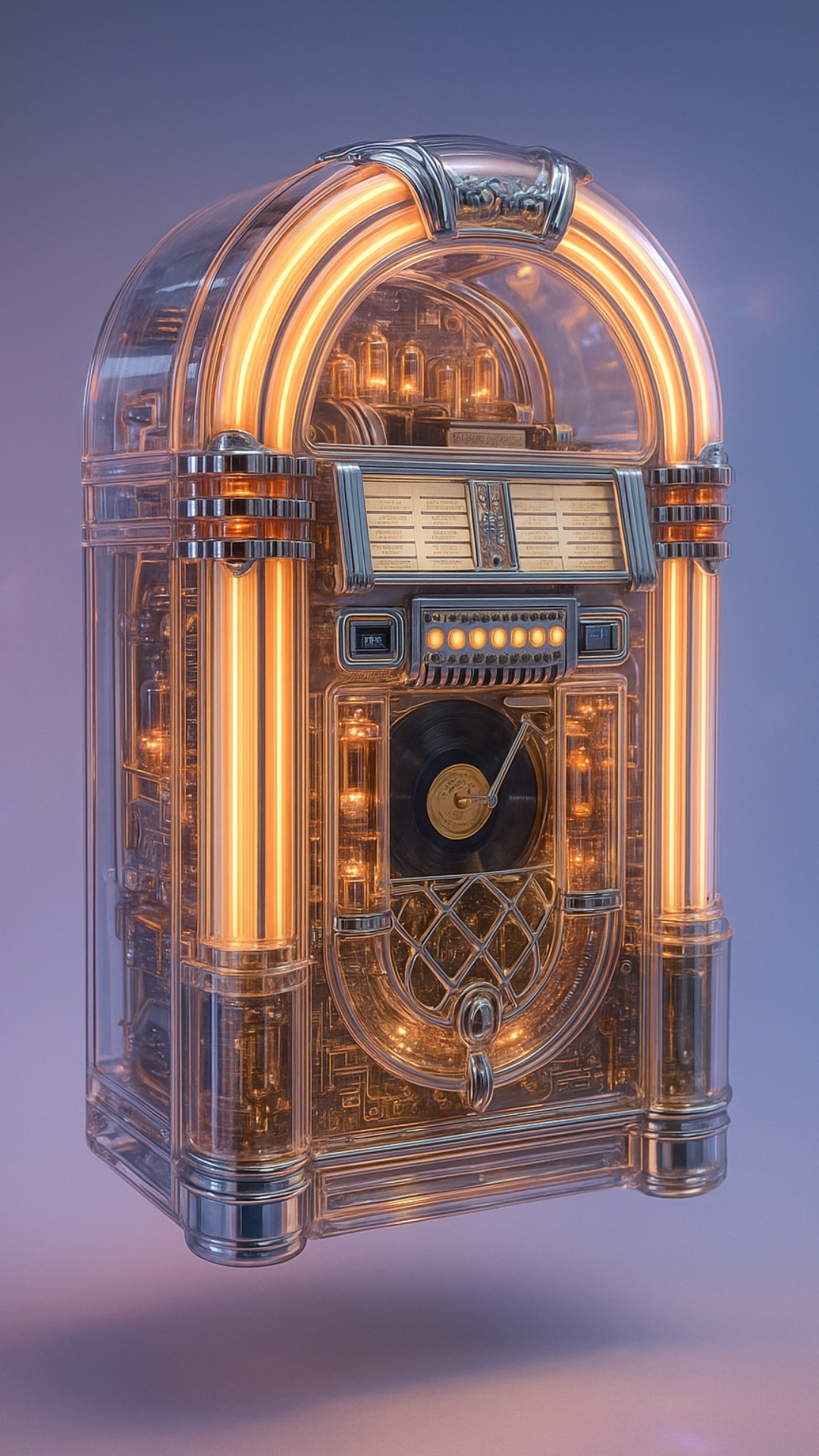 A hyper-realistic transparent retro jukebox floats mid-air, styled like a classic Wurlitzer. The ...