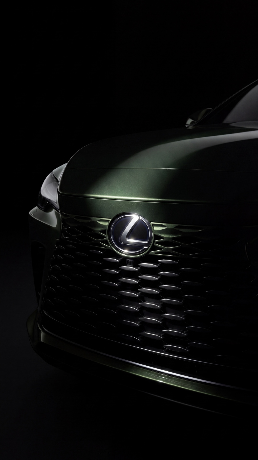 крупный план передней части темно-зеленого Lexus RX, металлический логотип Lexus в центре, по эмб...