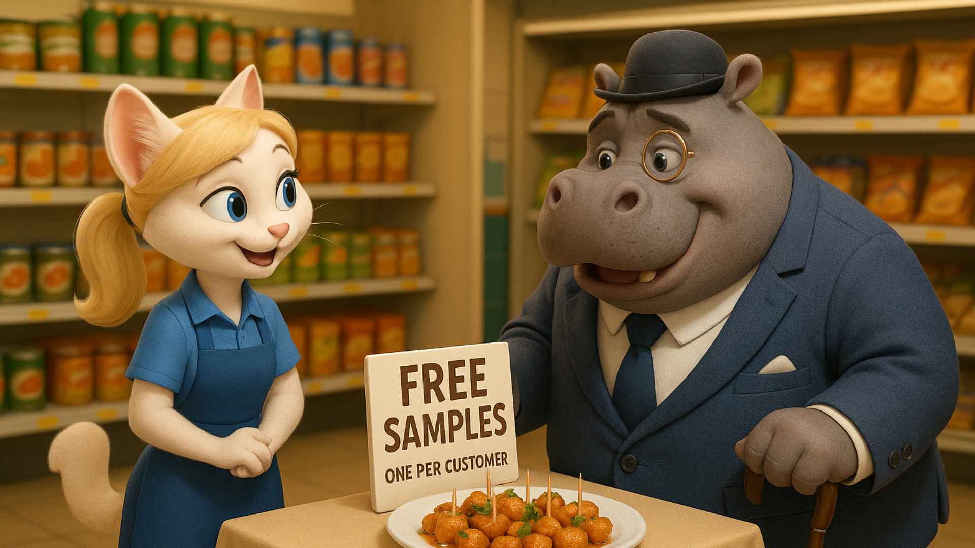 3d fluid expressive animation of an anthro female cat worker talking to her customer, an anthro m...