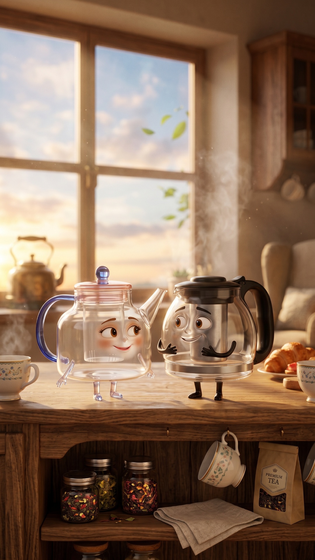 Use the uploaded image as the exact starting frame.

The husband glass kettle and wife glass te...