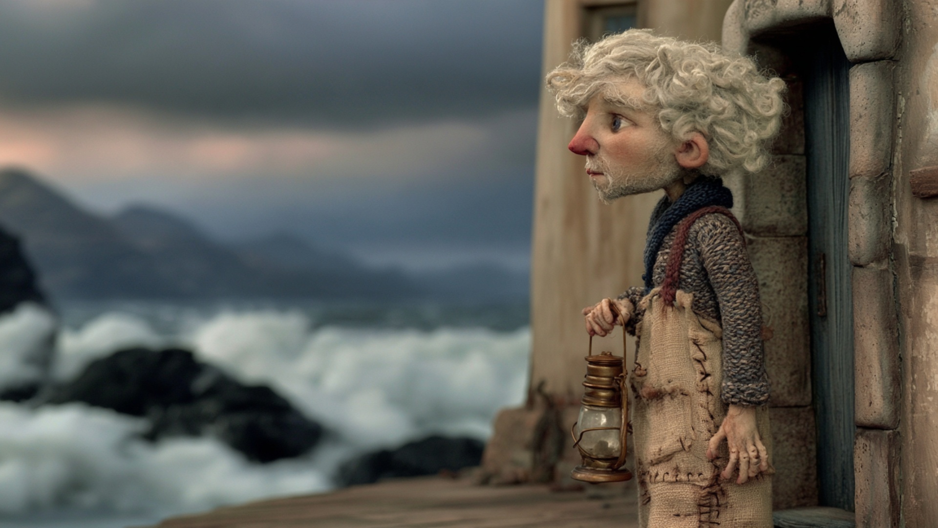 Very gentle cinematic push-in. The keeper leans his upper body a few degrees farther toward scree...