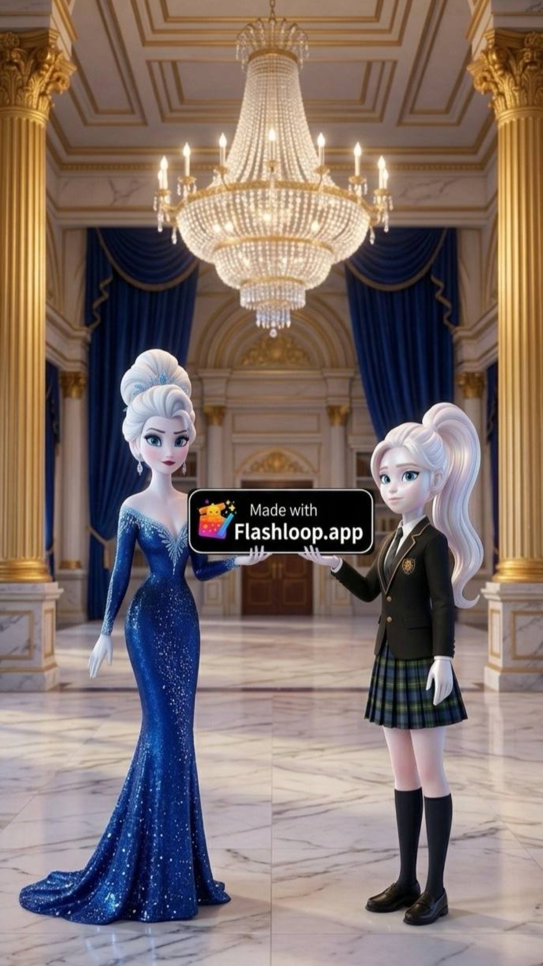 3D Pixar style cinematic scene.
A glamorous elegant woman in a sparkling blue gown and a schoolg...