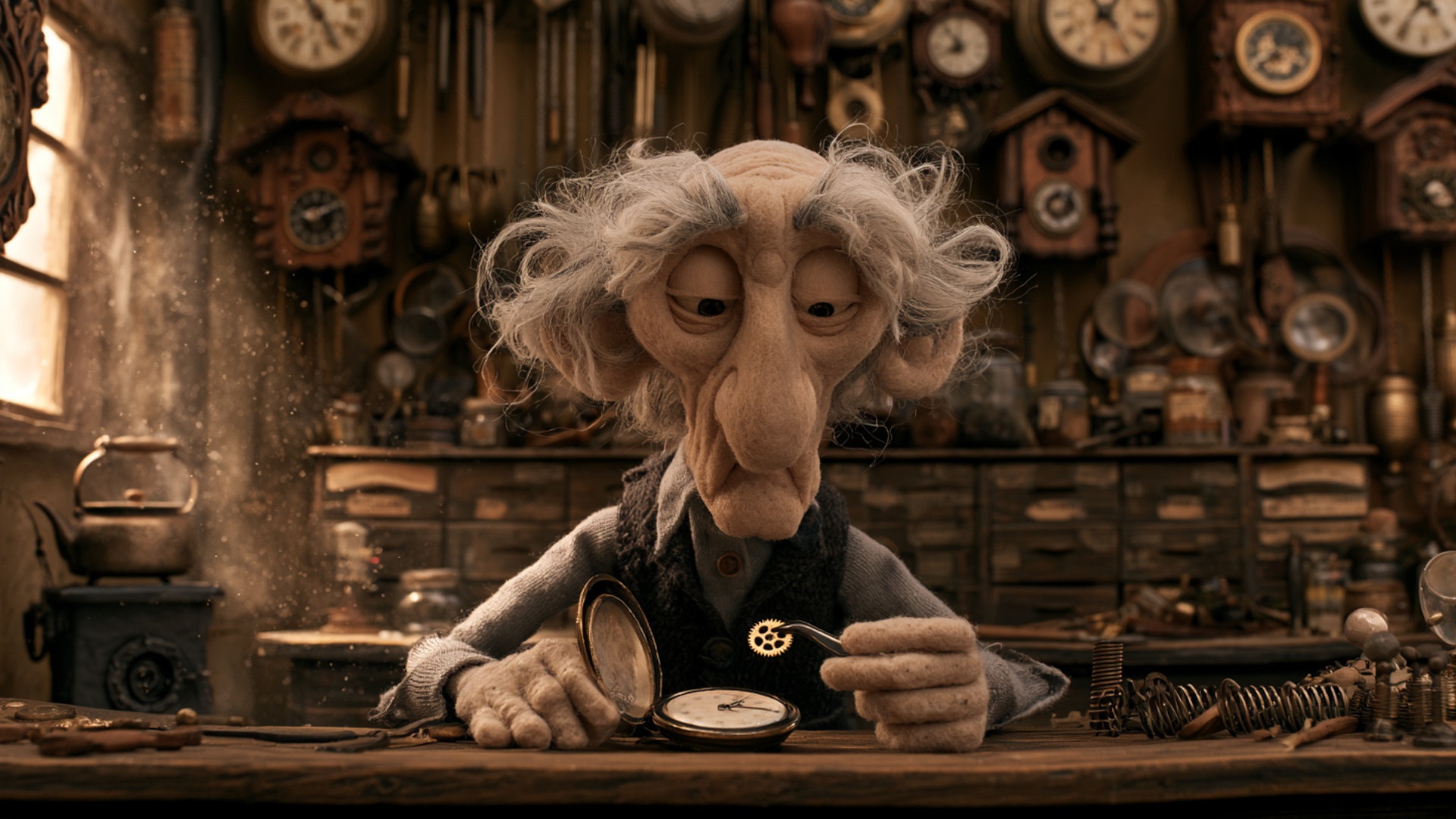 Preserve the clockmaker’s exact grip on the tool and brass gear. He raises the gear slightly towa...