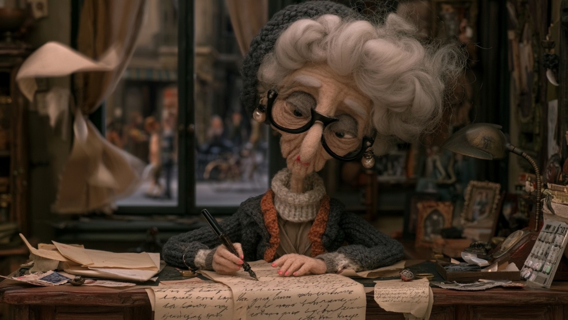 The elderly woman continues writing steadily across the open page, then pauses and uses the penci...